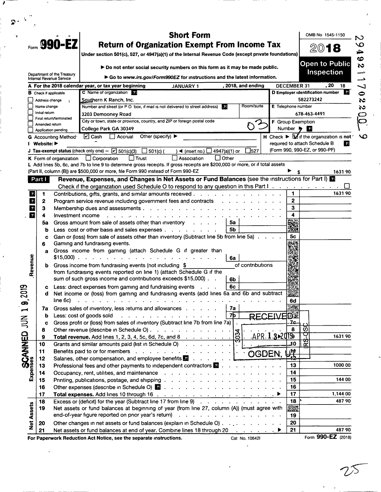 Image of first page of 2018 Form 990EZ for Southern K Ranch