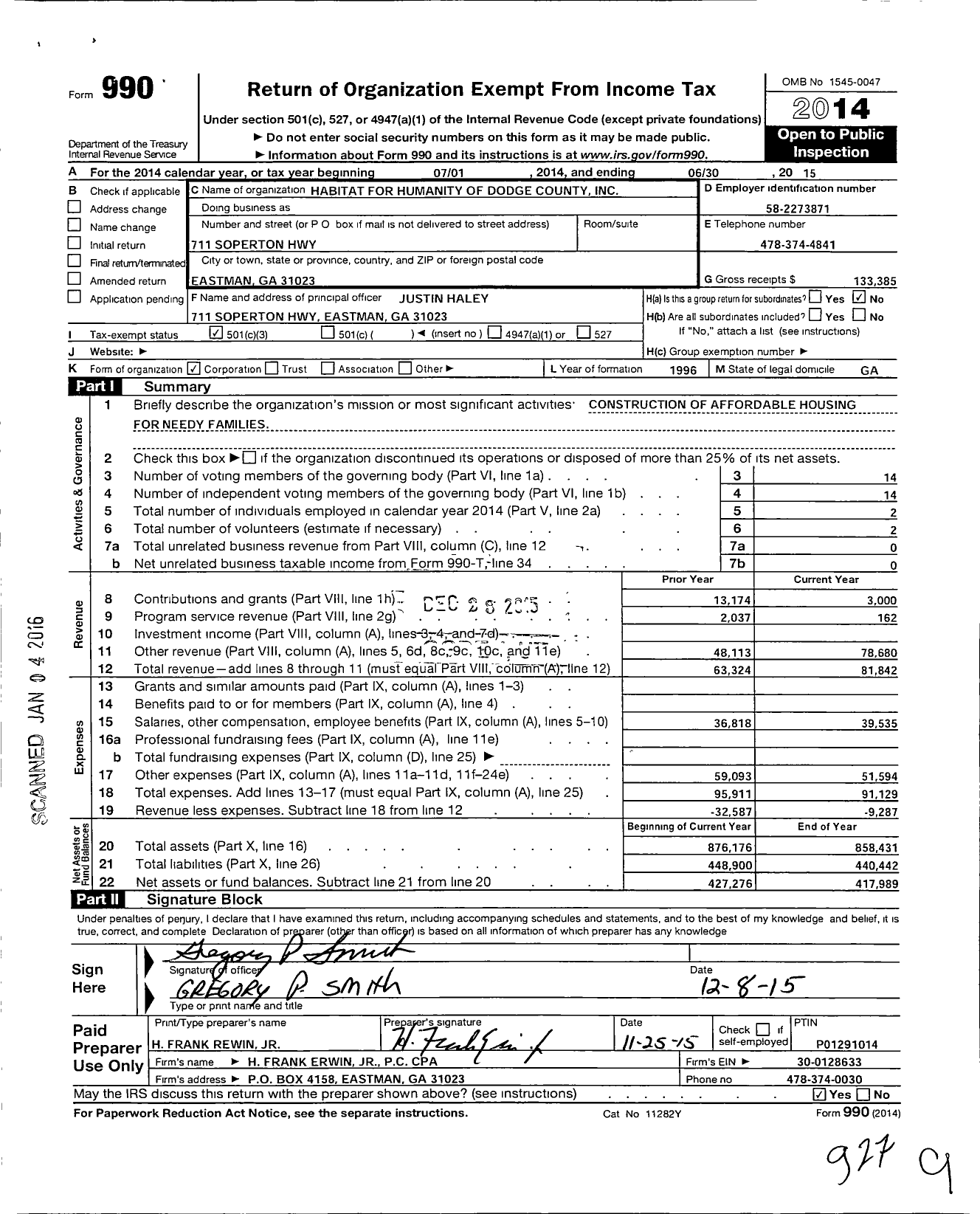 Image of first page of 2014 Form 990 for Habitat for Humanity of Dodge County