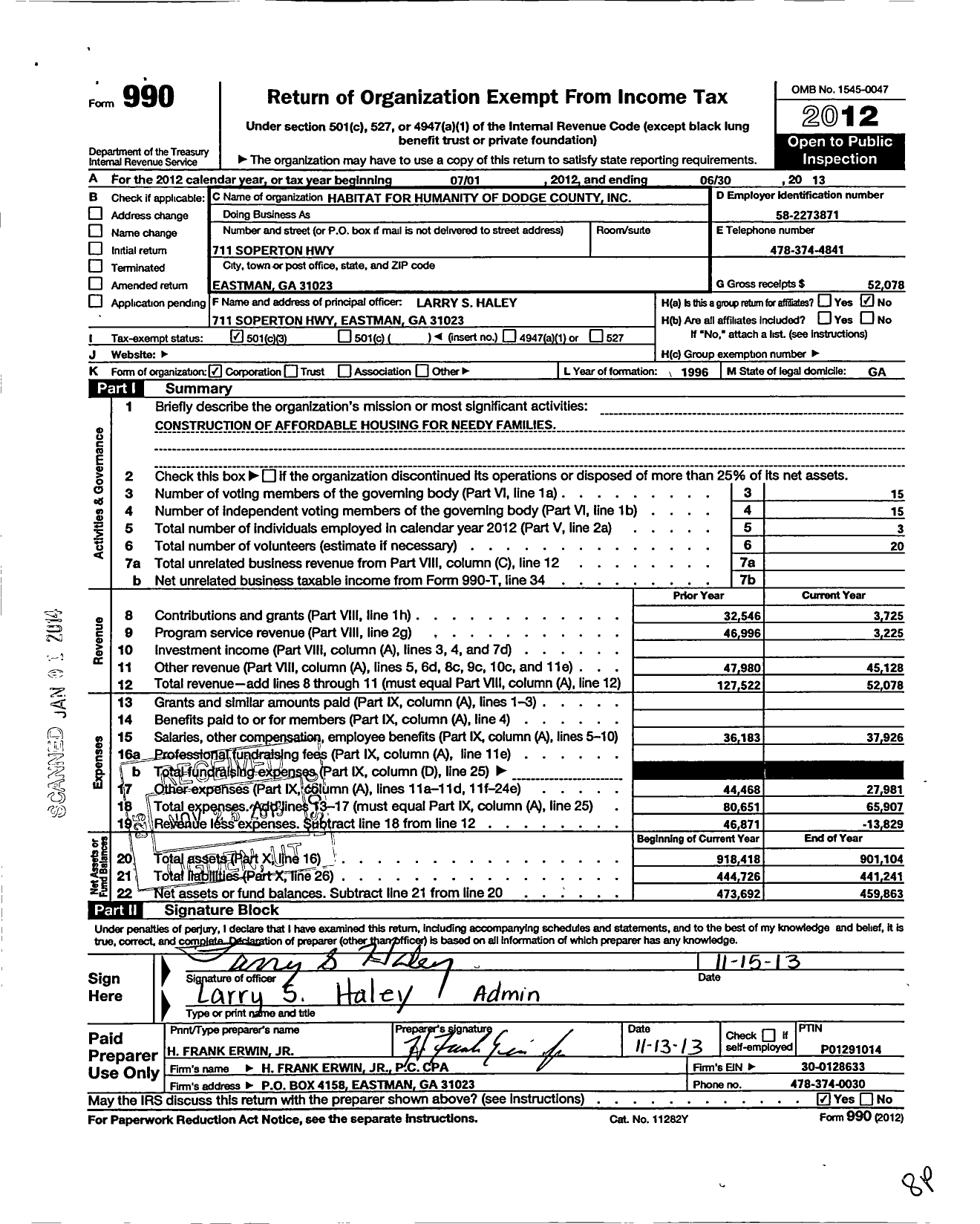 Image of first page of 2012 Form 990 for Habitat for Humanity of Dodge County