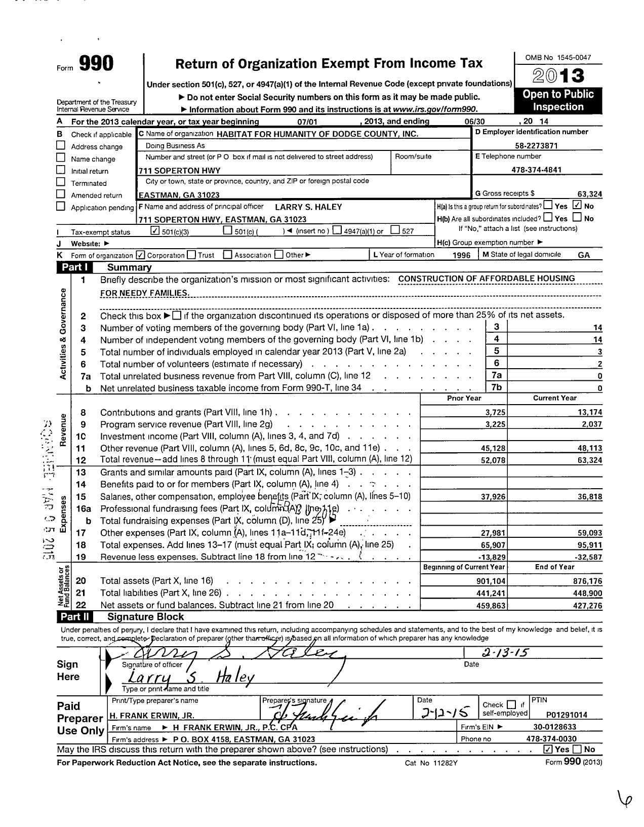 Image of first page of 2013 Form 990 for Habitat for Humanity of Dodge County