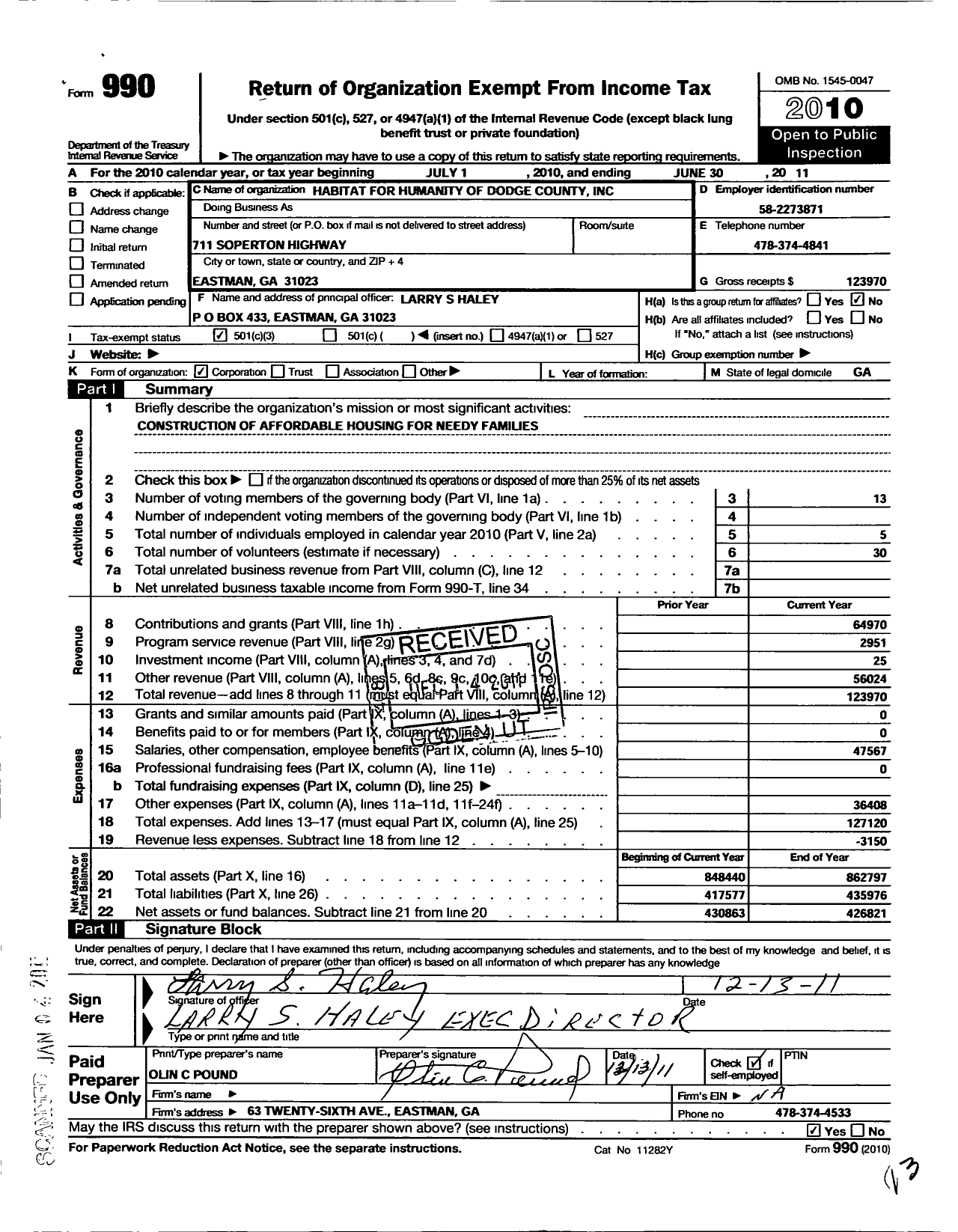 Image of first page of 2010 Form 990 for Habitat for Humanity of Dodge County