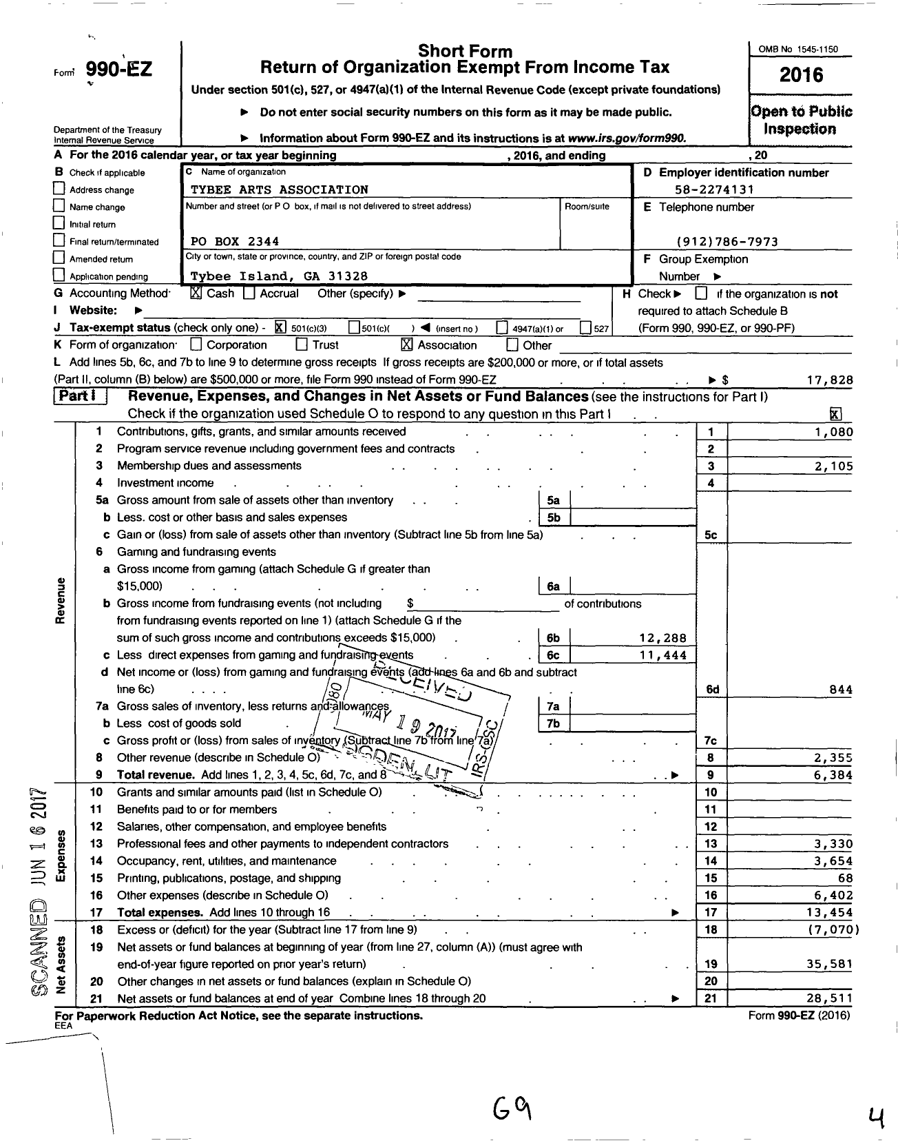 Image of first page of 2016 Form 990EZ for Tybee Arts Association