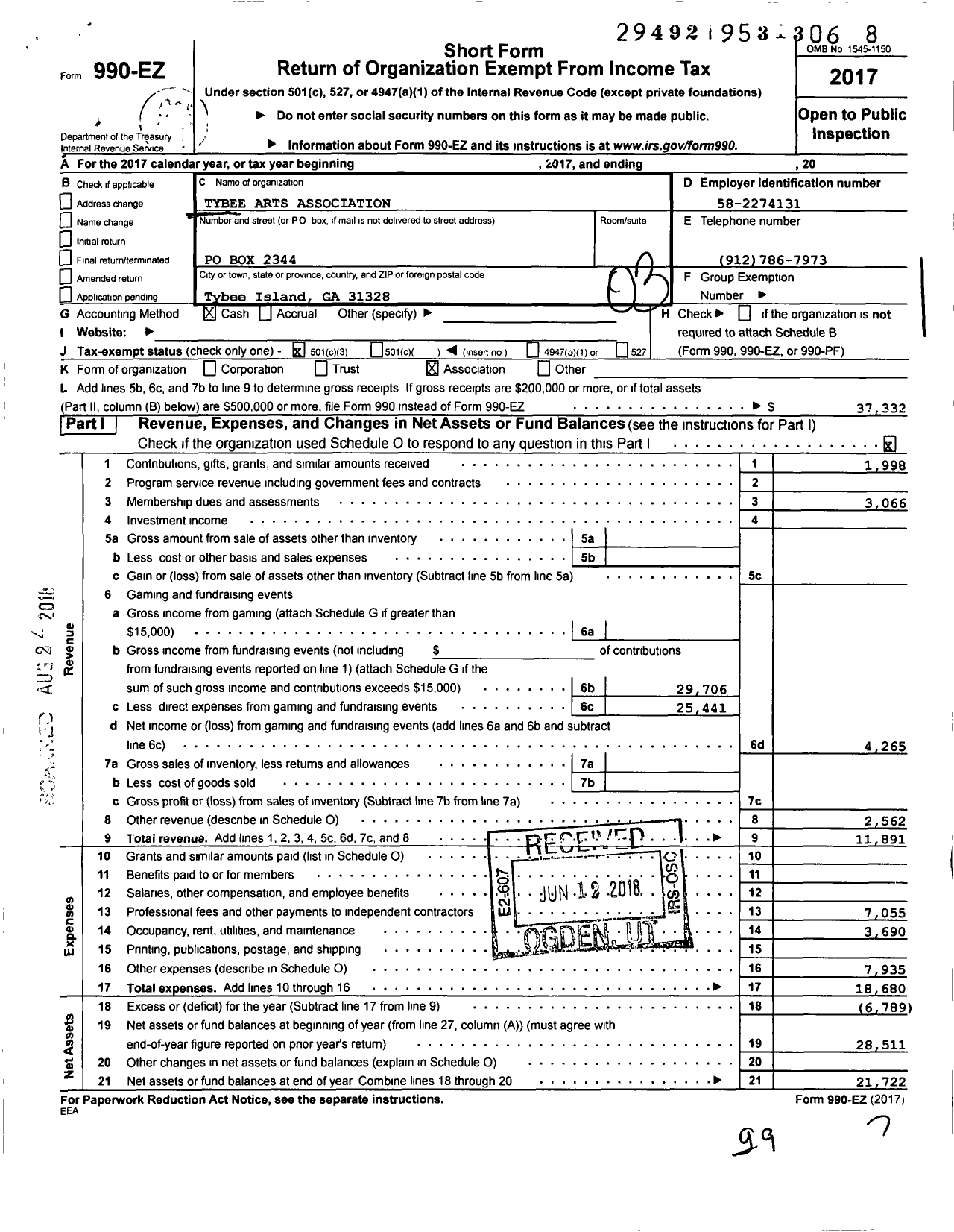 Image of first page of 2017 Form 990EZ for Tybee Arts Association