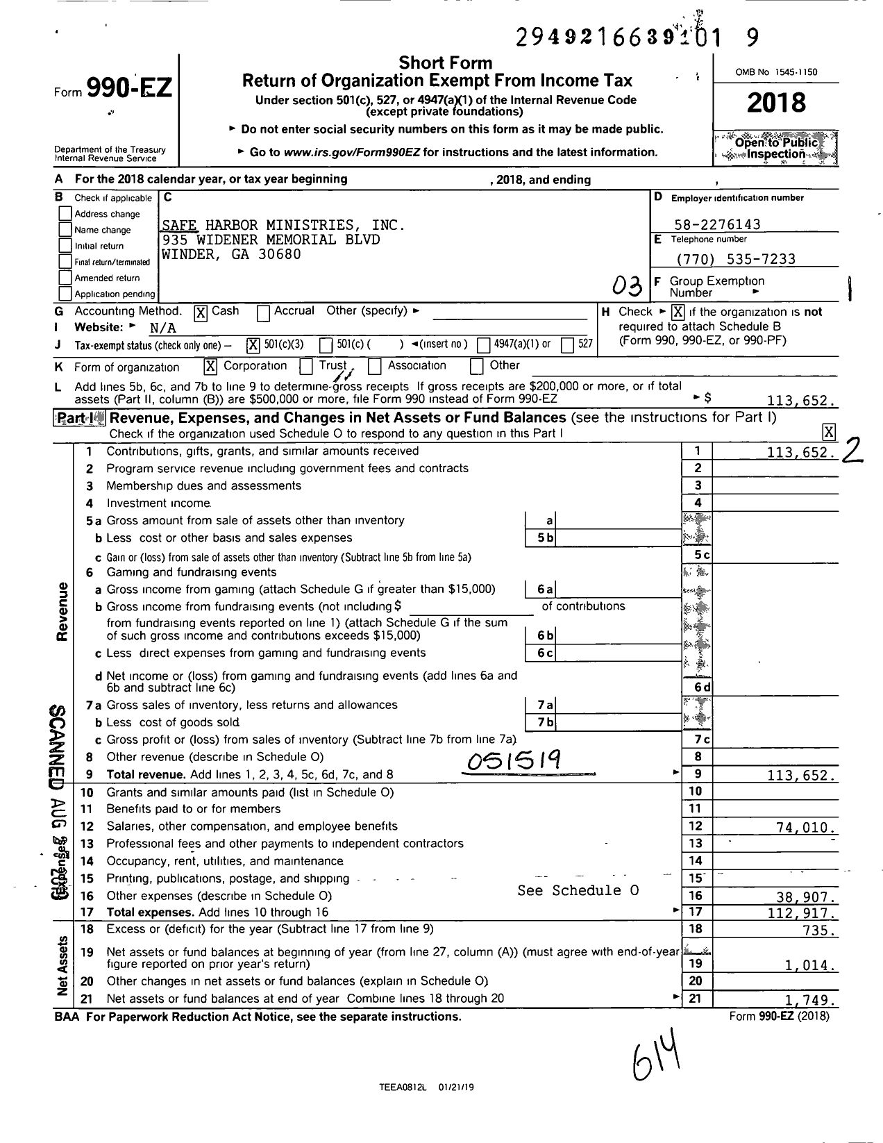 Image of first page of 2018 Form 990EZ for Safe Harbor Ministries