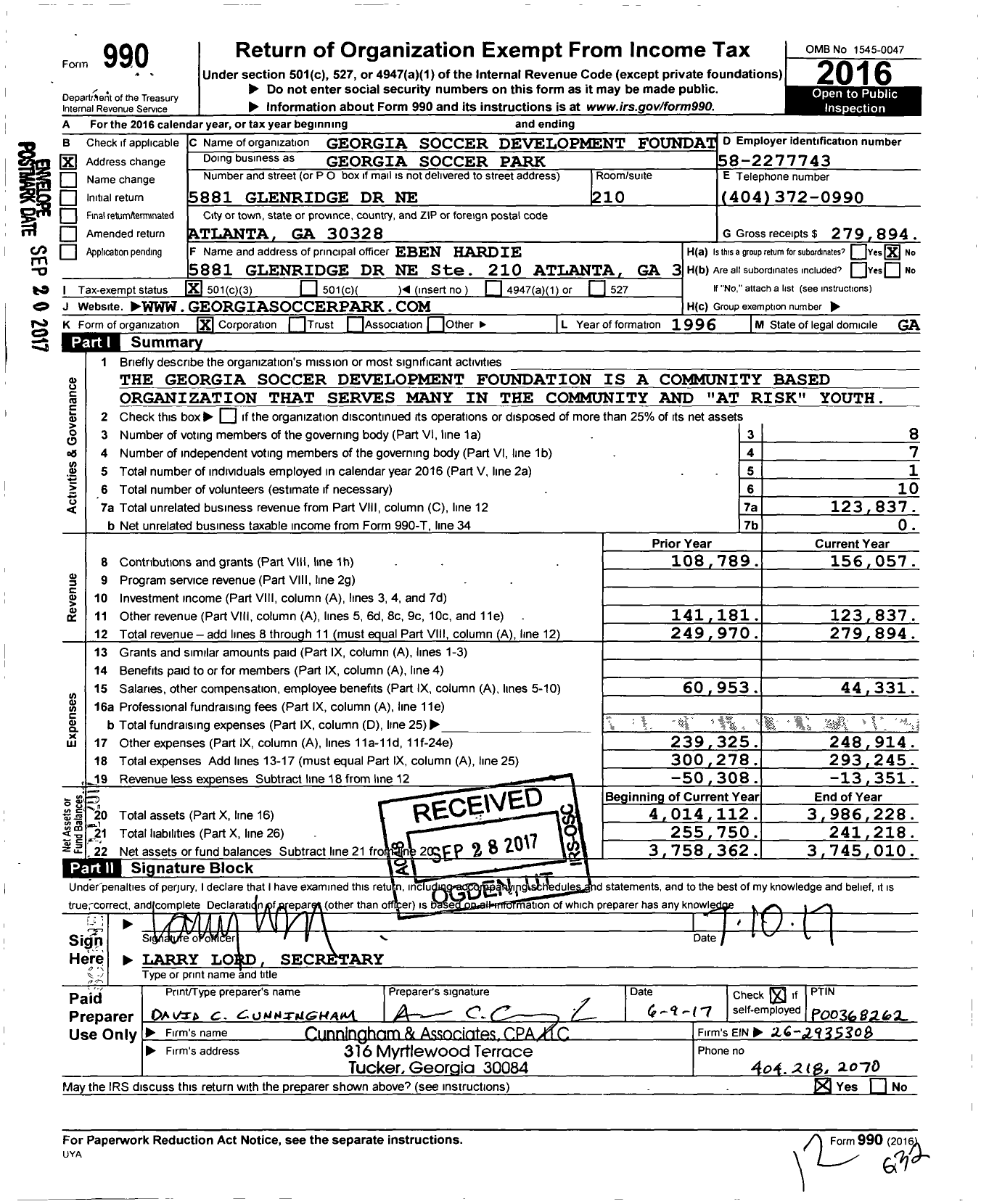 Image of first page of 2016 Form 990 for Georgia Soccer Park