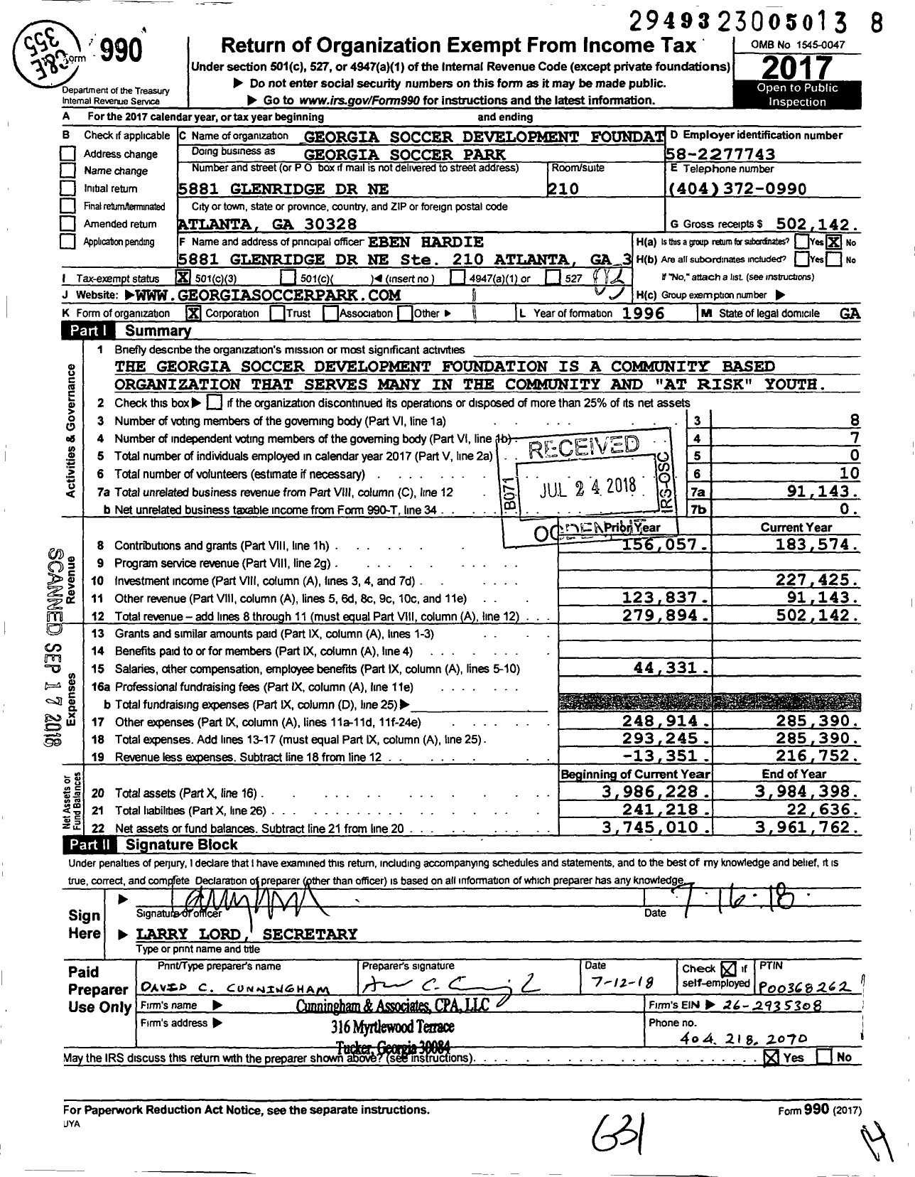 Image of first page of 2017 Form 990 for Georgia Soccer Park