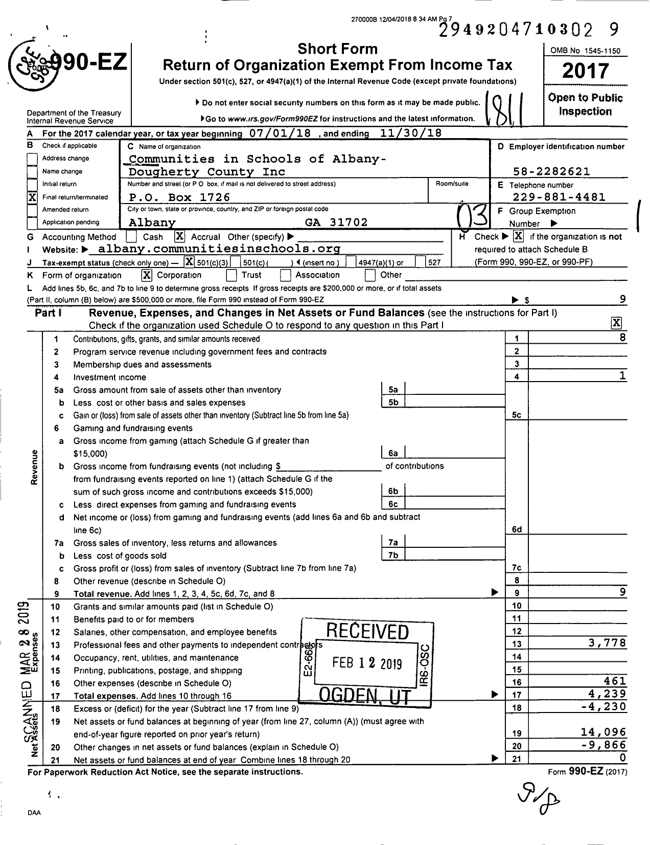 Image of first page of 2017 Form 990EZ for Communities in Schools of Albany- Dougherty County