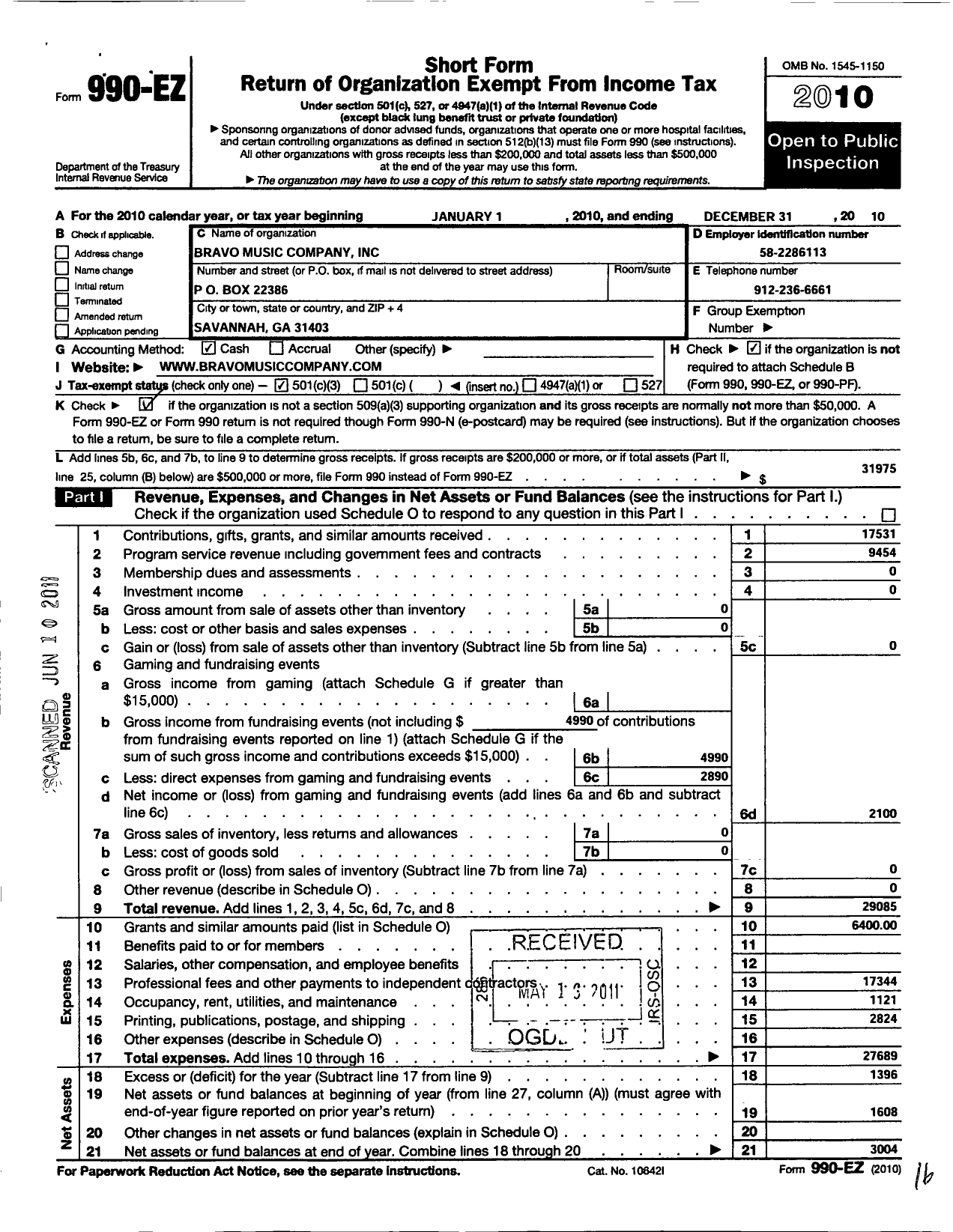 Image of first page of 2010 Form 990EZ for Bravo Music Company