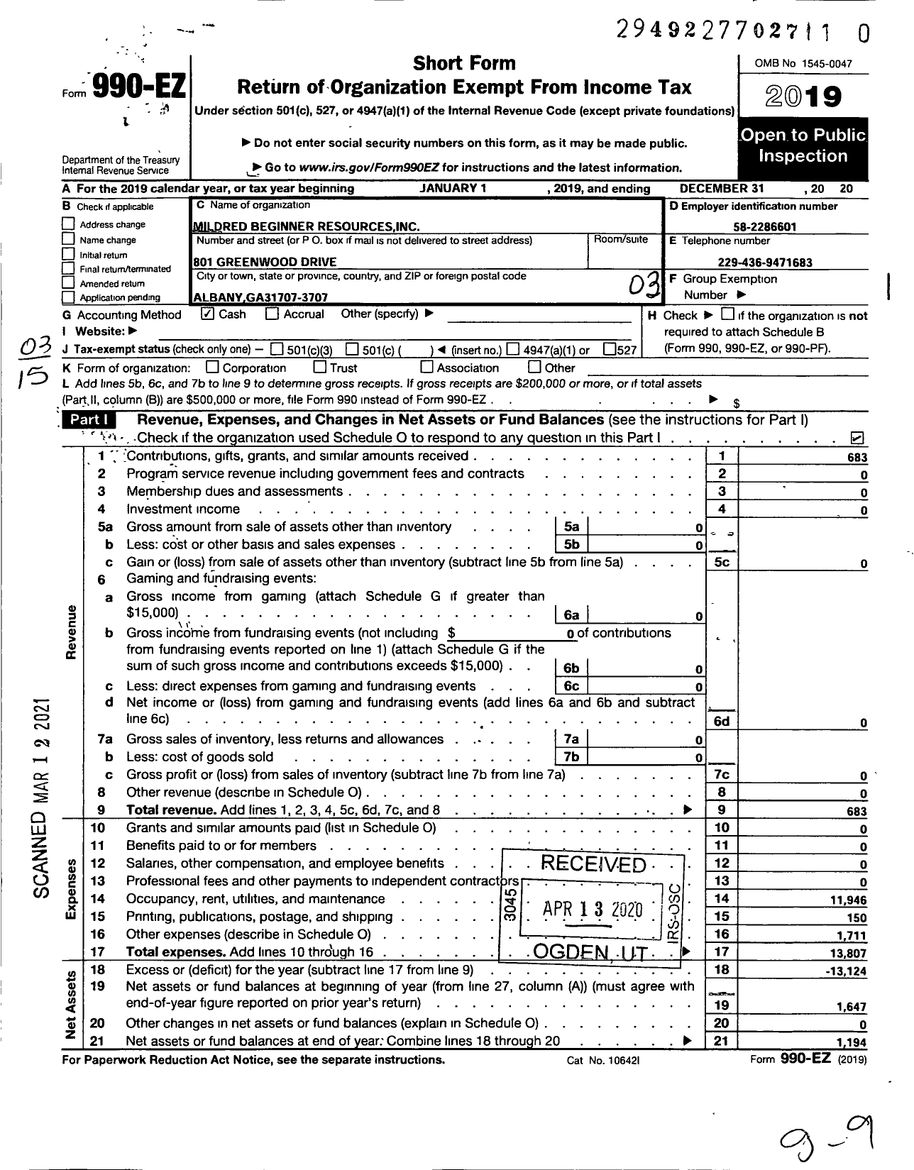 Image of first page of 2020 Form 990EZ for Mildred Beginner Resources