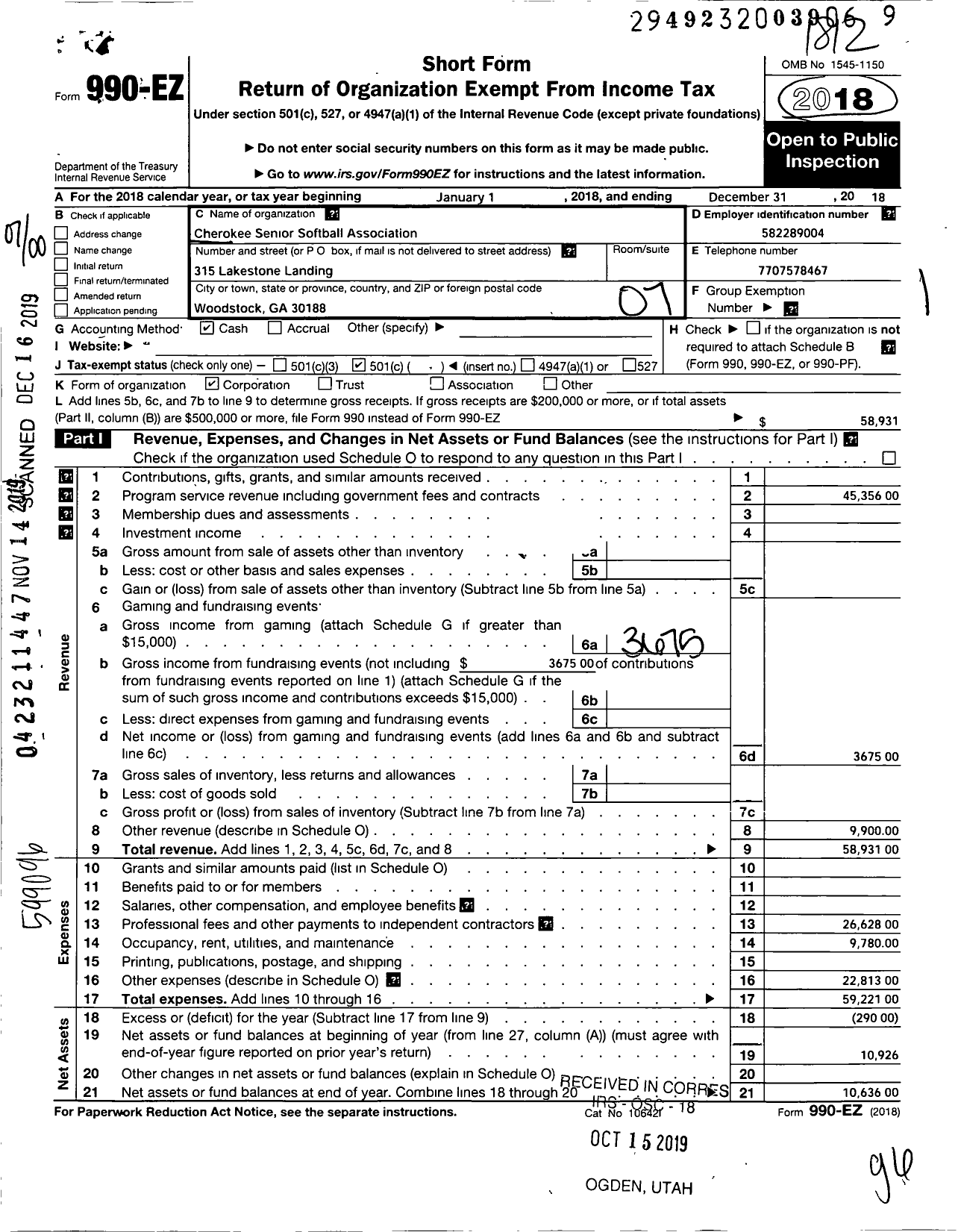 Image of first page of 2018 Form 990EO for Cherokee Senior Softball Association