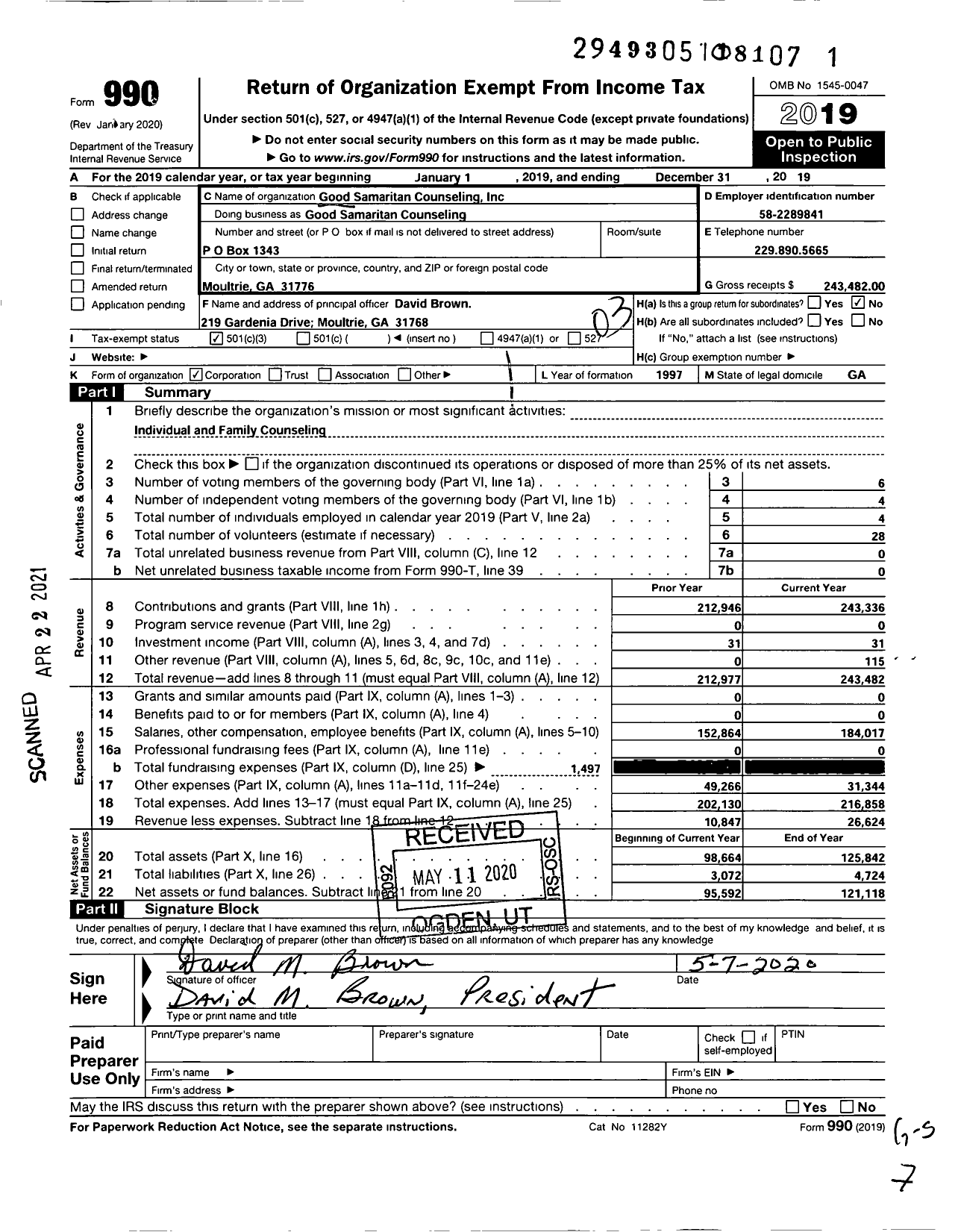 Image of first page of 2019 Form 990 for Good Samaritan Counseling