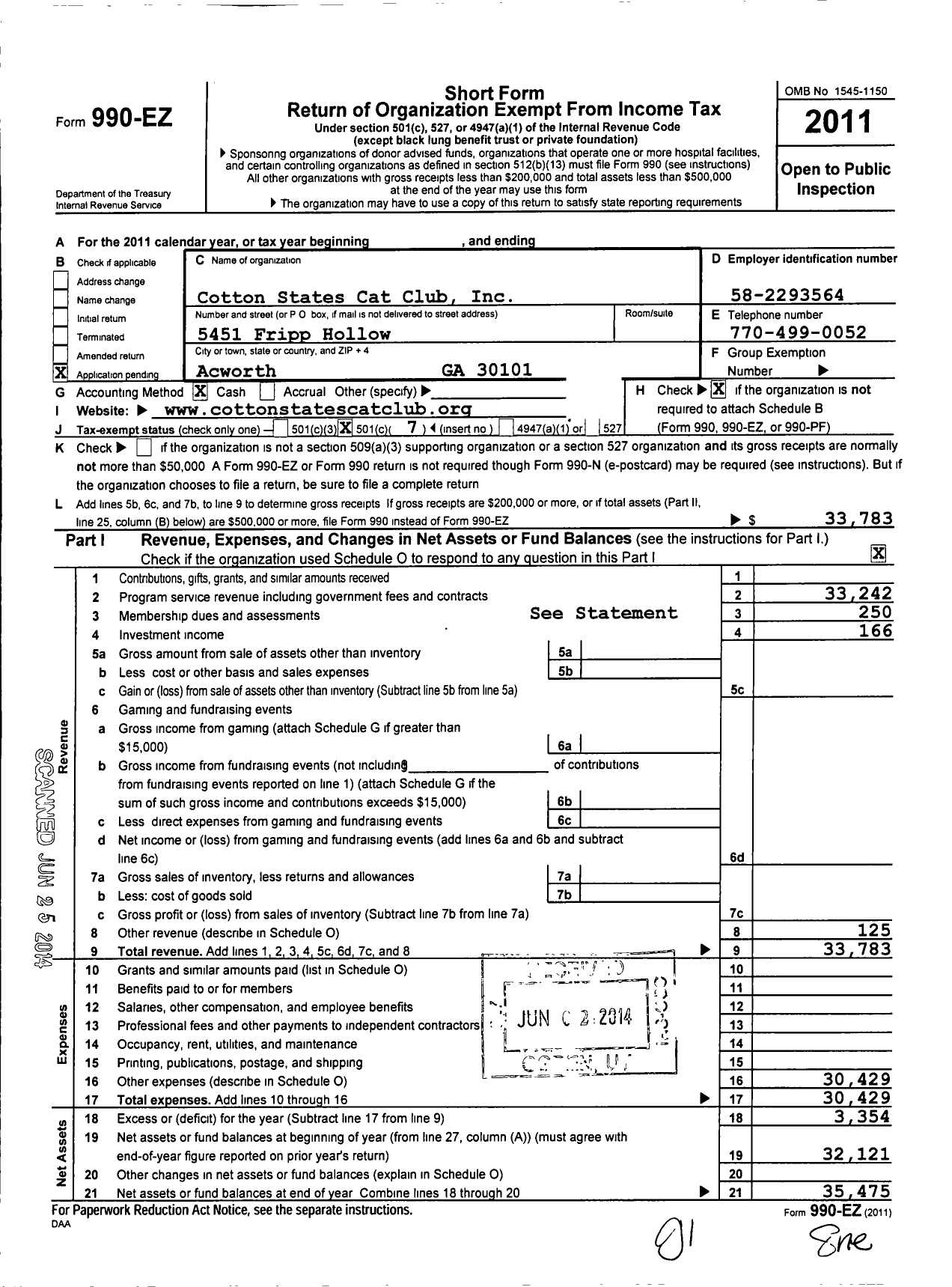 Image of first page of 2011 Form 990EO for Cotton States Cat Club