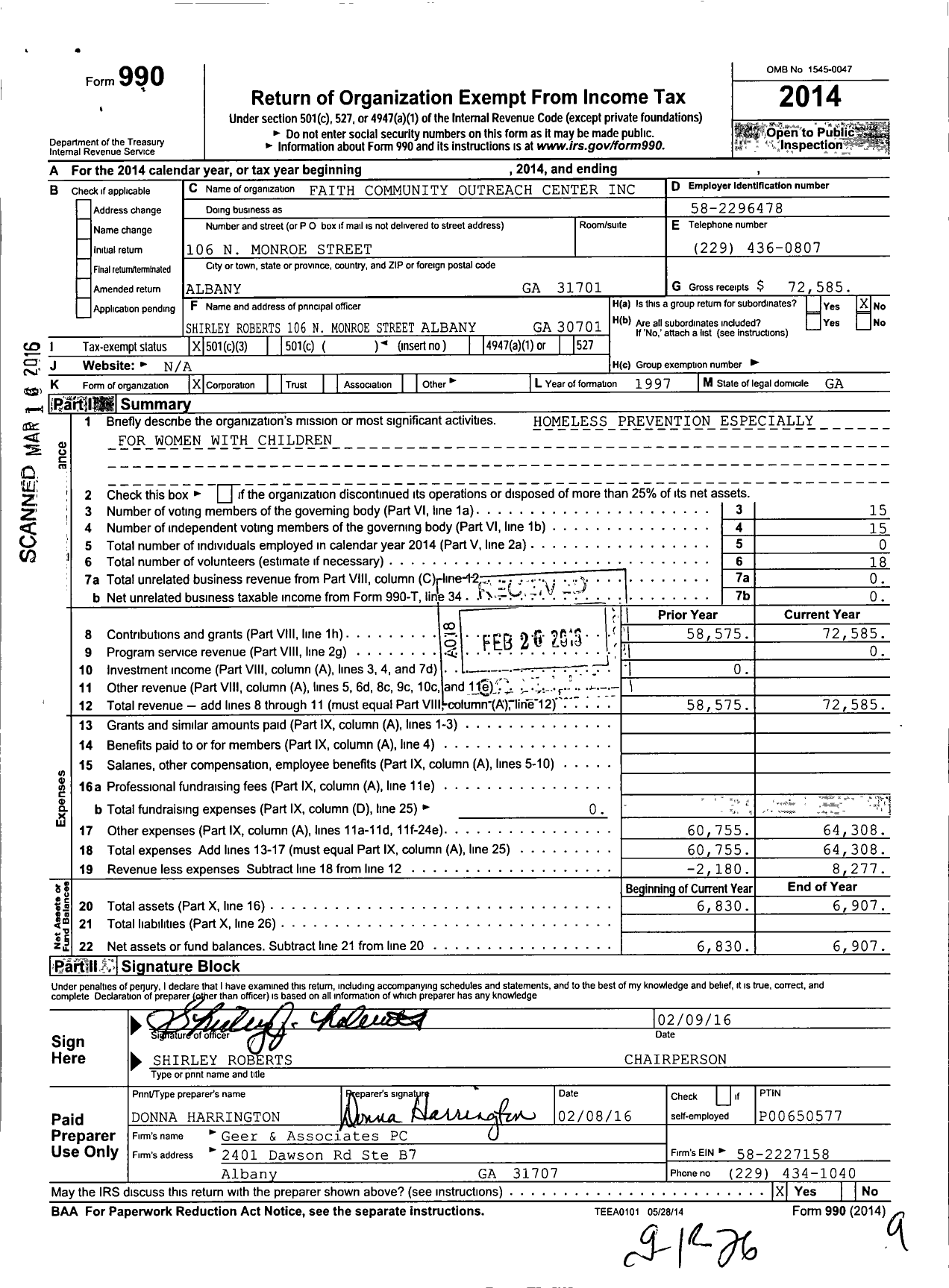 Image of first page of 2014 Form 990 for Faith Community Outreach Center