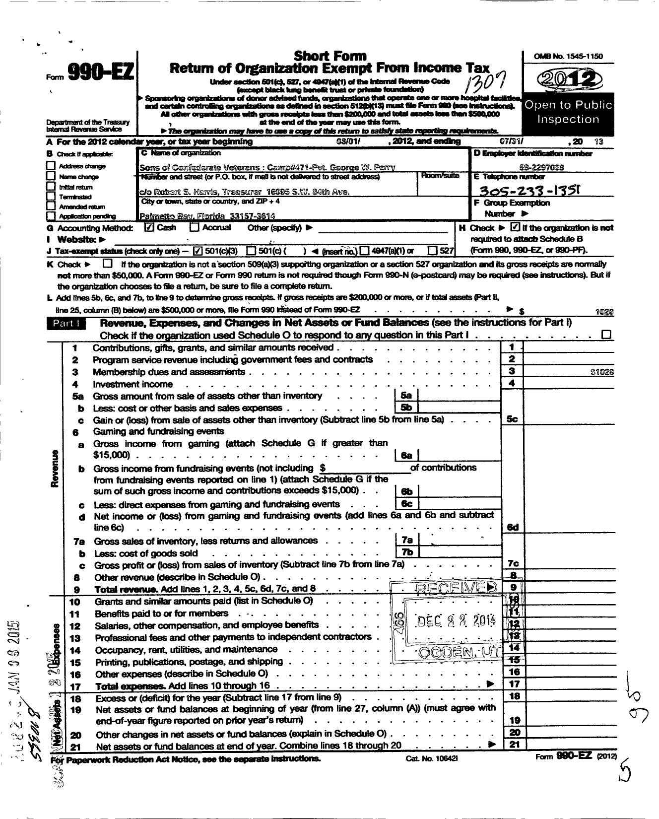 Image of first page of 2012 Form 990EZ for Sons of Confederate Veterans - 471 PVT George W Perry