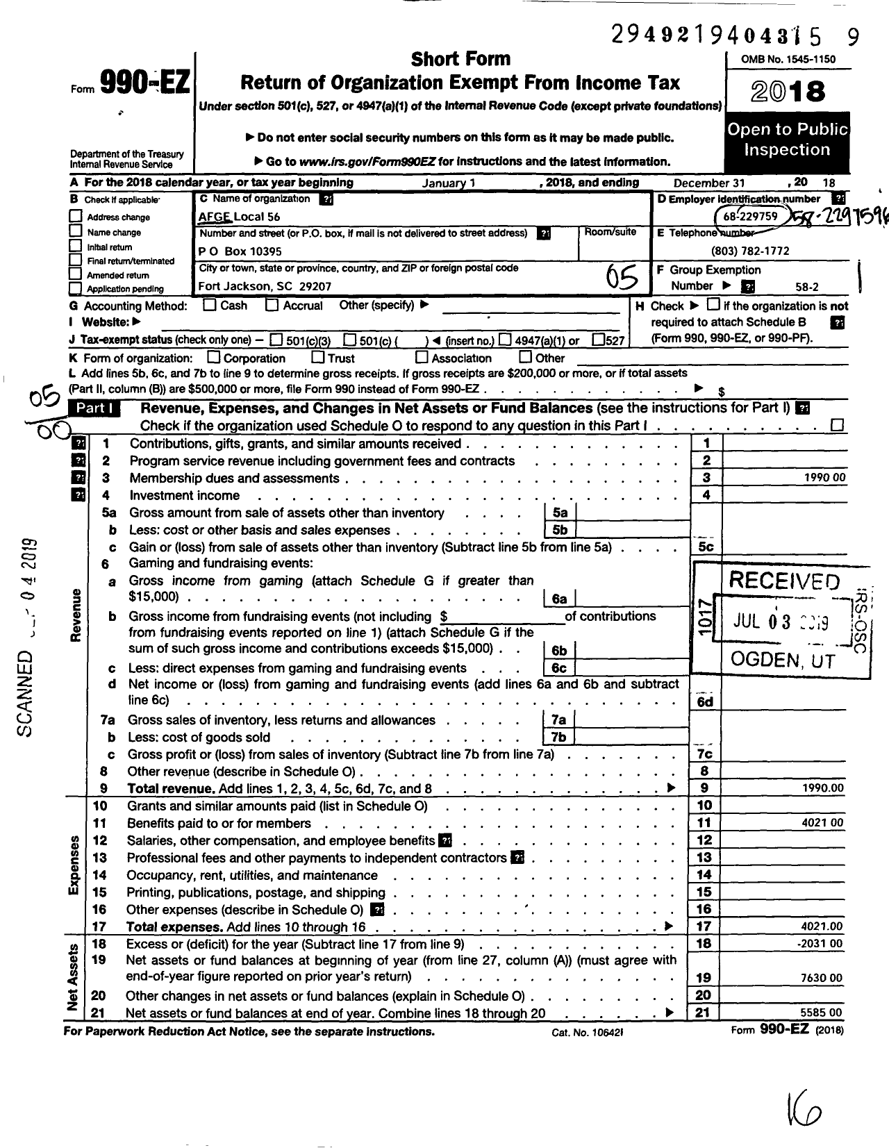 Image of first page of 2018 Form 990EO for American Federation of Government Employees - 0056 Afge Local