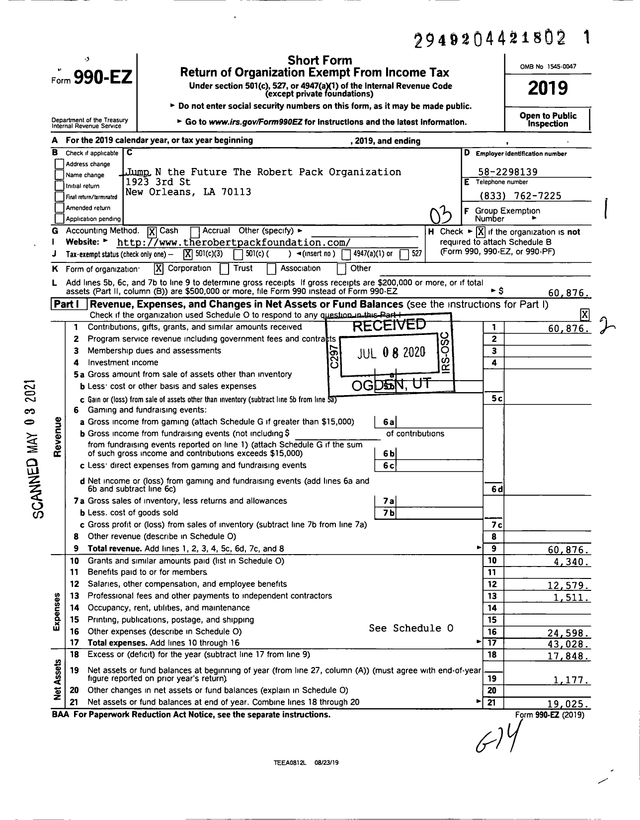 Image of first page of 2019 Form 990EZ for Jump N for the Future - The Robert Pack Organization