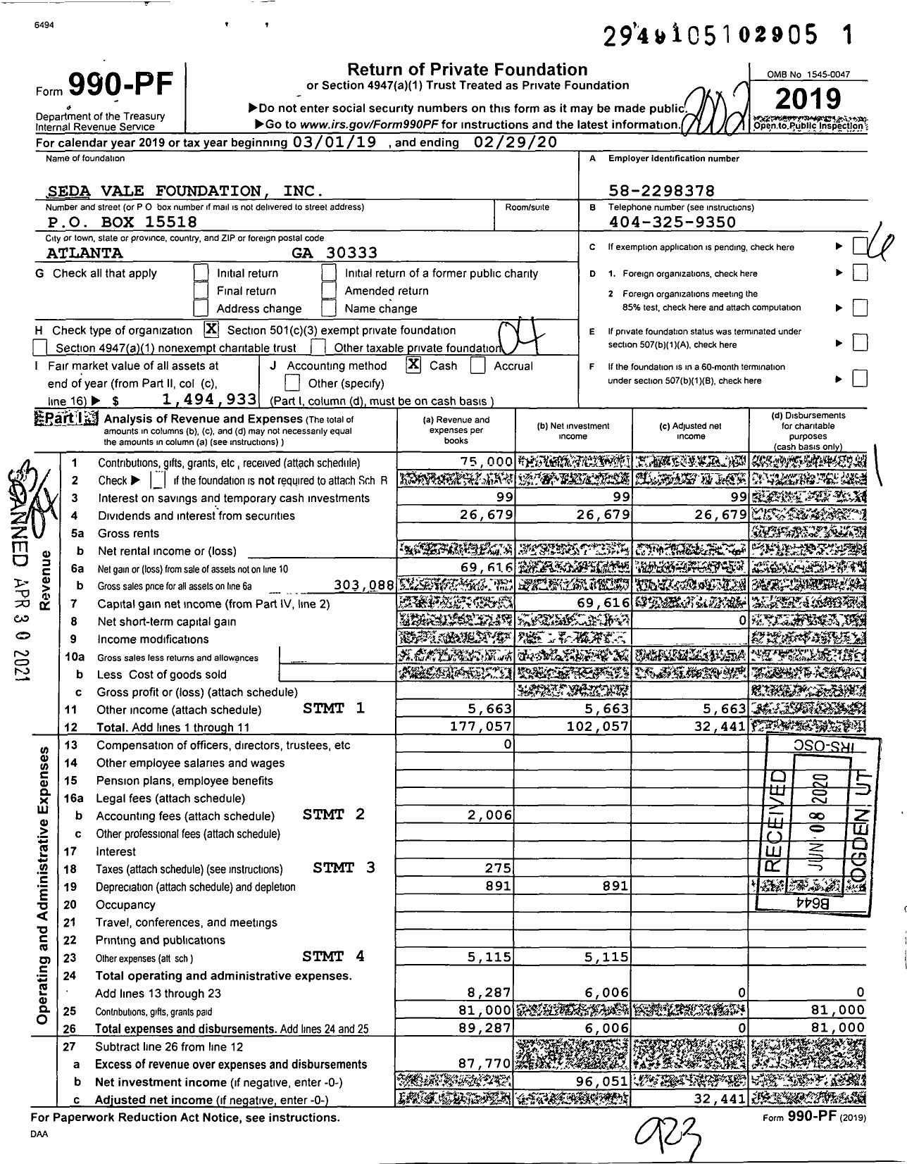 Image of first page of 2019 Form 990PF for Seda Vale Foundation