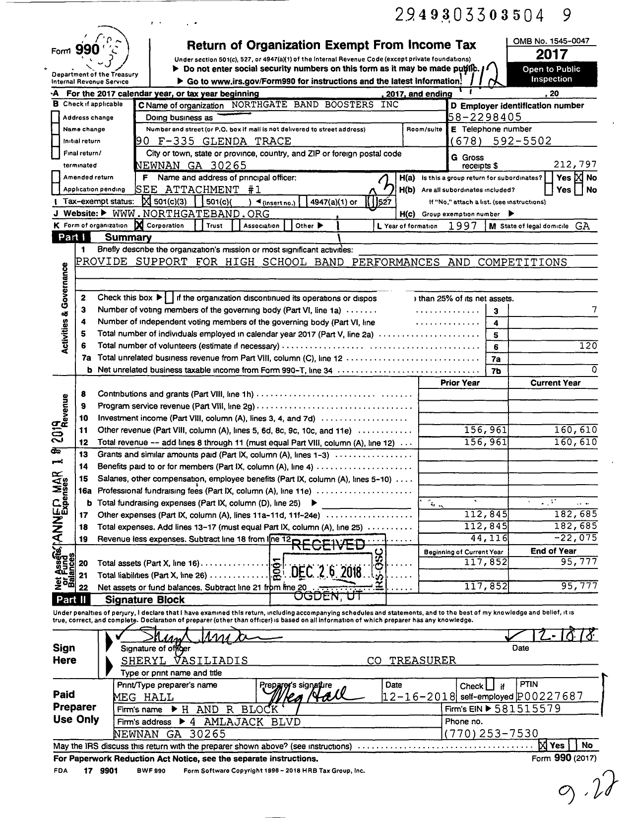 Image of first page of 2017 Form 990 for Northgate Band Boosters