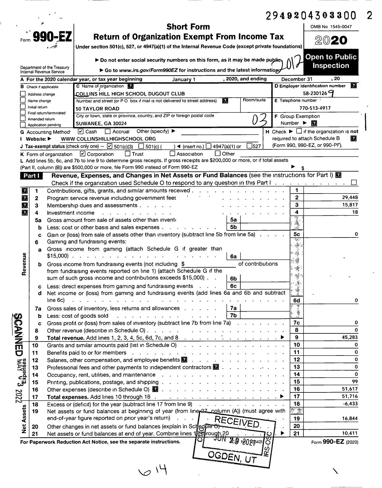 Image of first page of 2020 Form 990EZ for Collins Hill High School Dugout Club