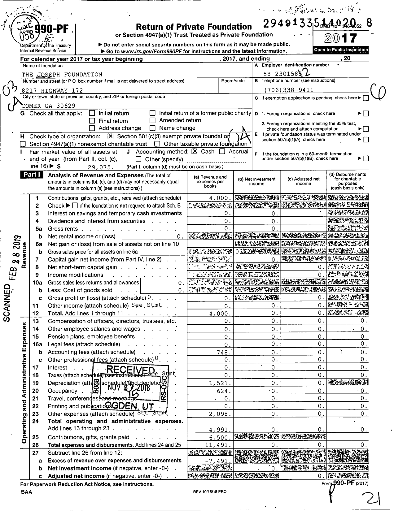 Image of first page of 2017 Form 990PF for Joseph Foundation