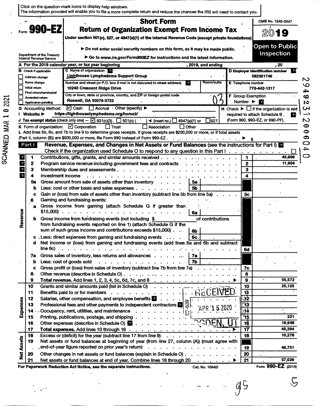 Image of first page of 2019 Form 990EZ for Lighthouse Lynphedema Network