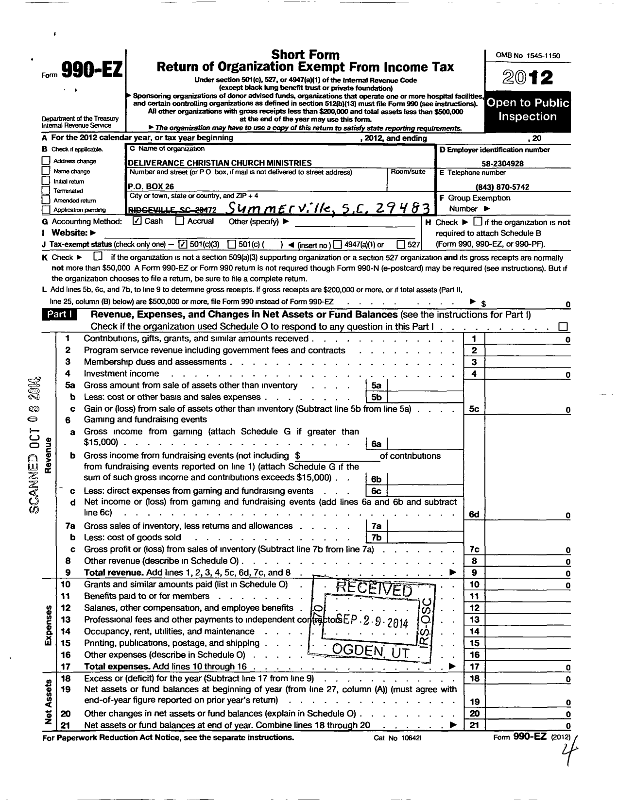 Image of first page of 2012 Form 990EZ for Deliverance Christian Church Ministries