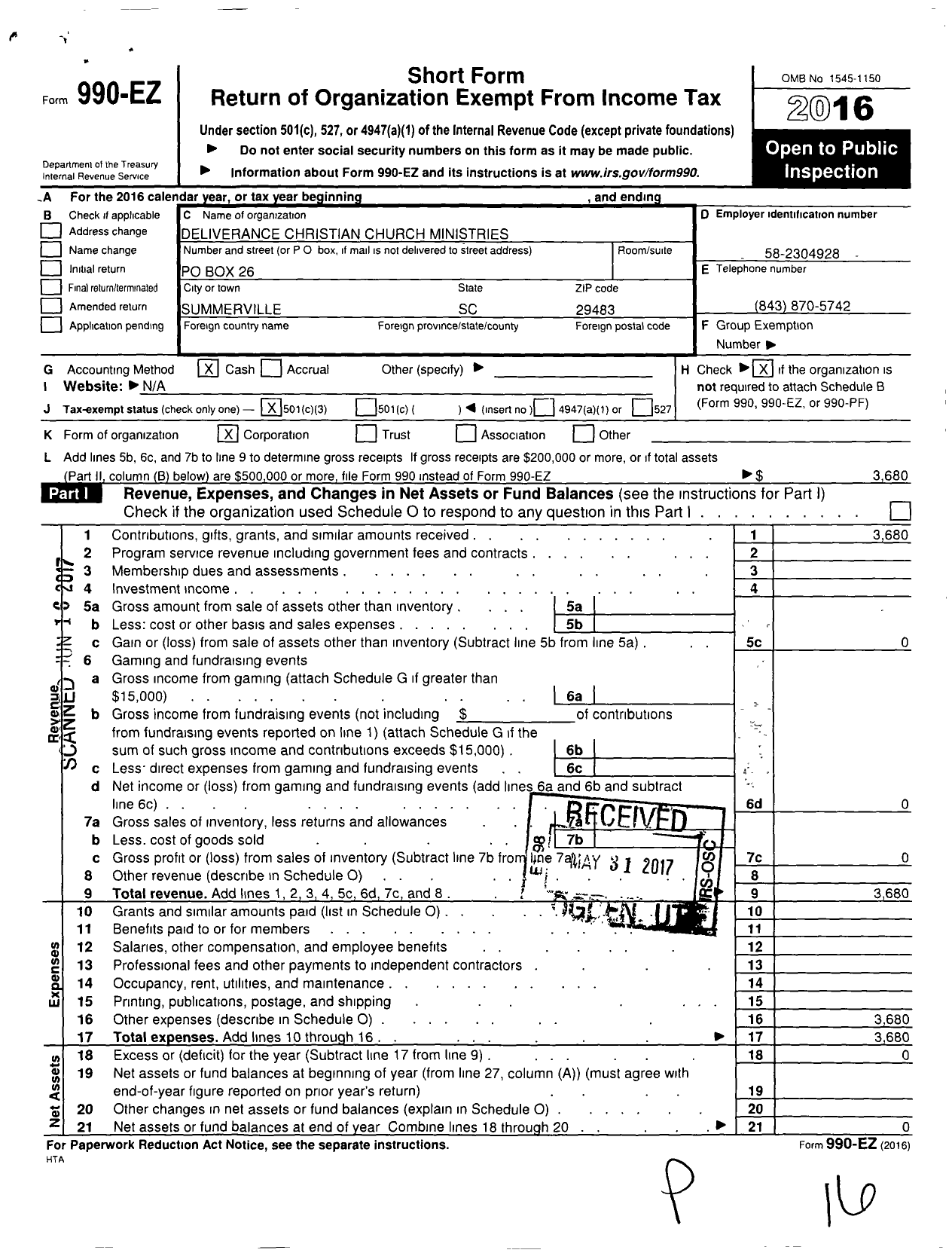 Image of first page of 2016 Form 990EZ for Deliverance Christian Church Ministries