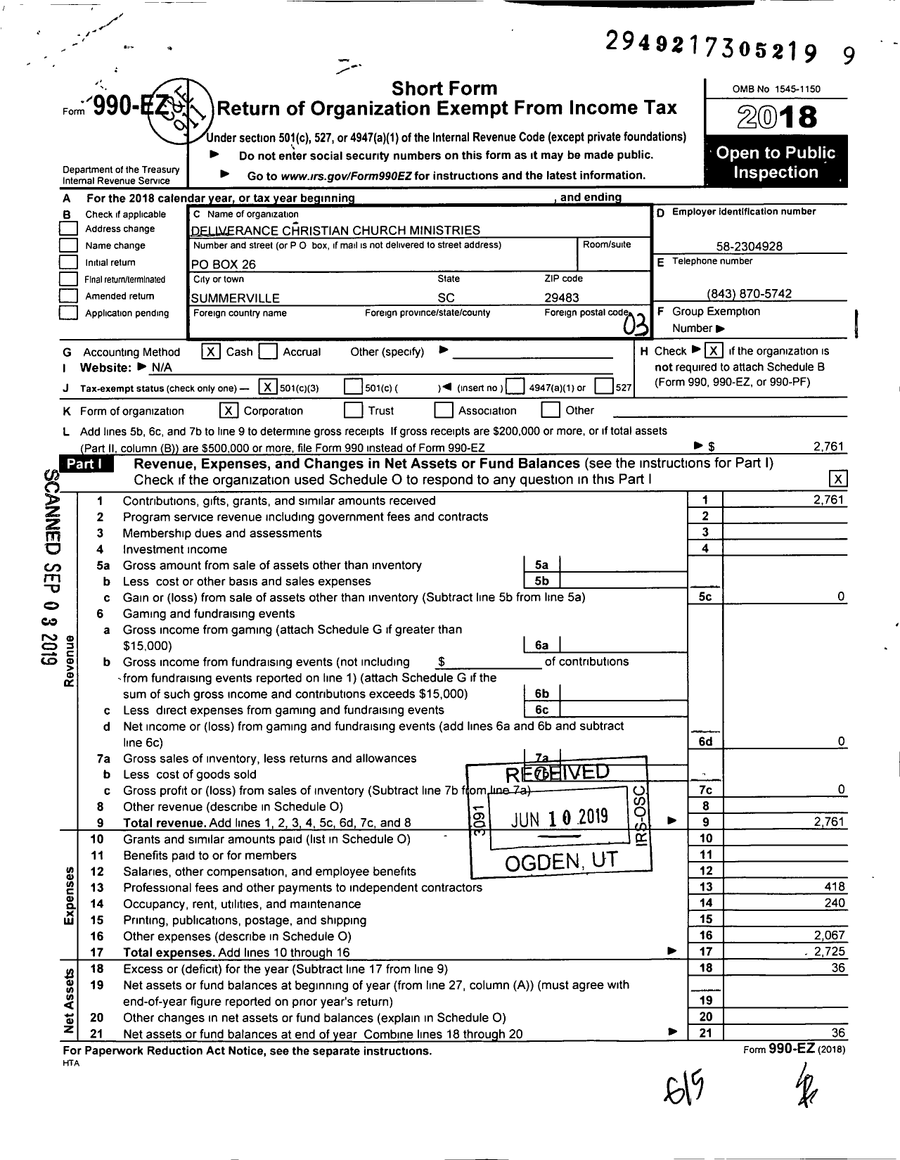 Image of first page of 2018 Form 990EZ for Deliverance Christian Church Ministries