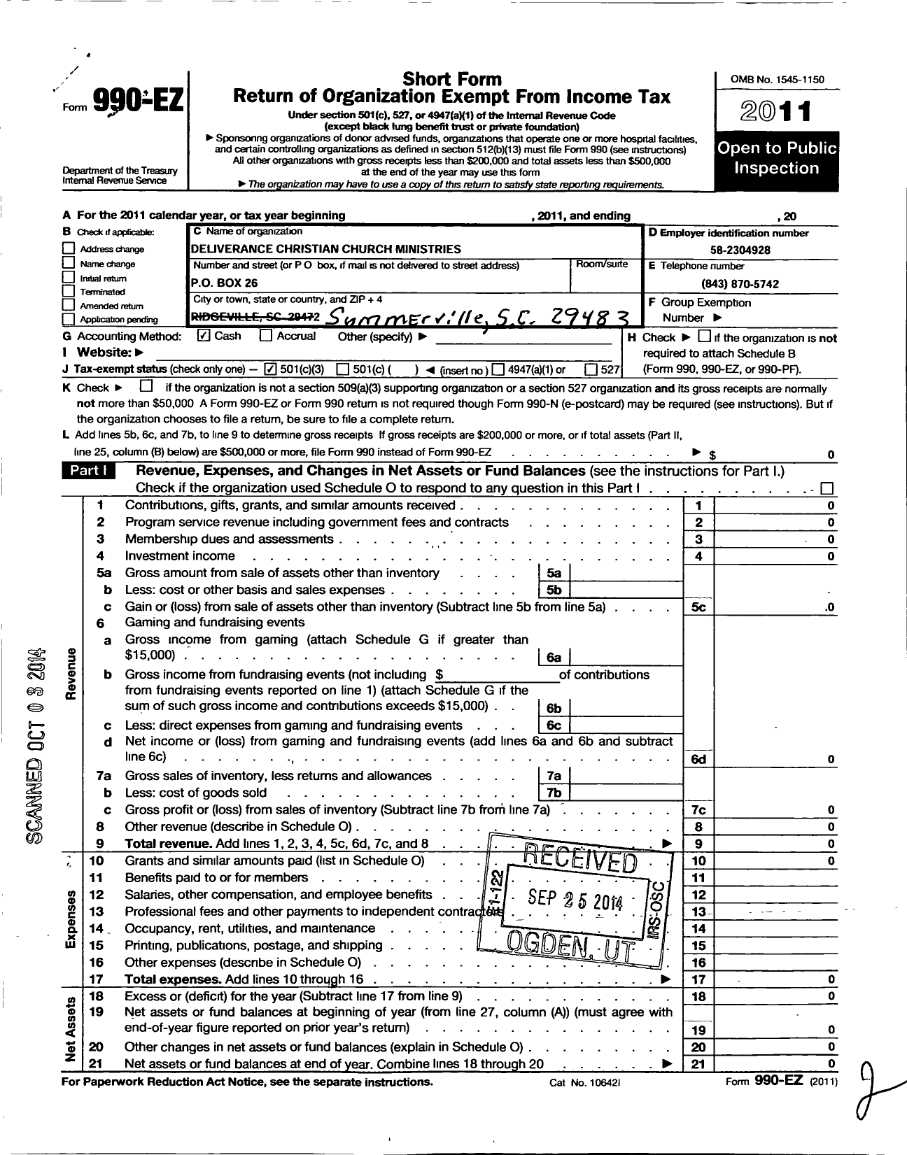 Image of first page of 2011 Form 990EZ for Deliverance Christian Church Ministries