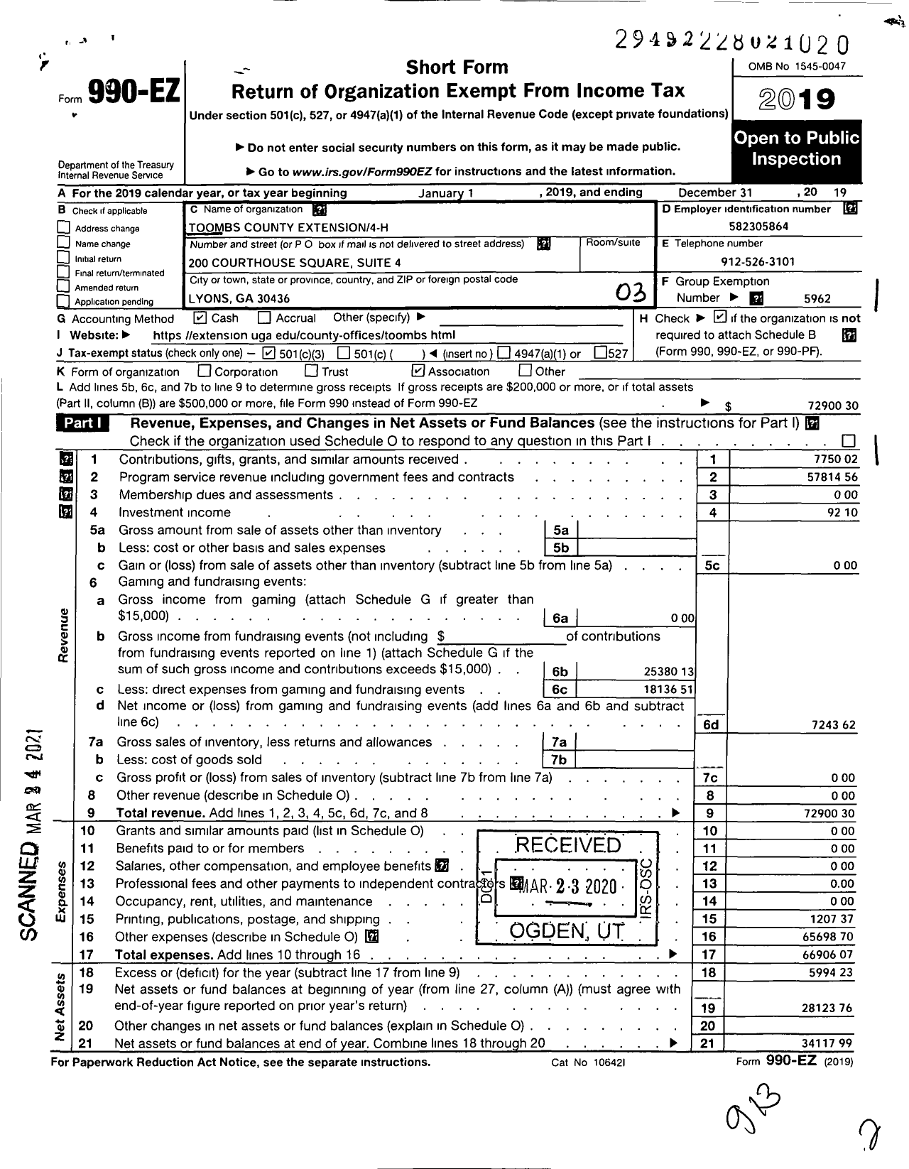 Image of first page of 2019 Form 990EZ for Georgia Extension 4-H Foundation / Toombs County Extension 4-H