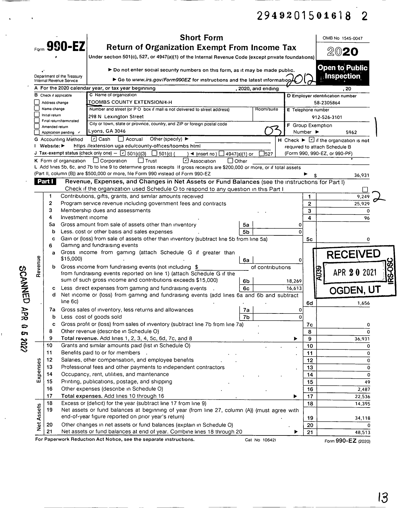 Image of first page of 2020 Form 990EZ for Georgia Extension 4-H Foundation / Toombs County Extension 4-H