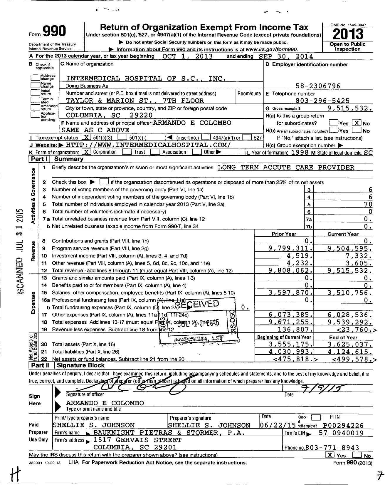 Image of first page of 2013 Form 990 for Intermedical Hospital of SC