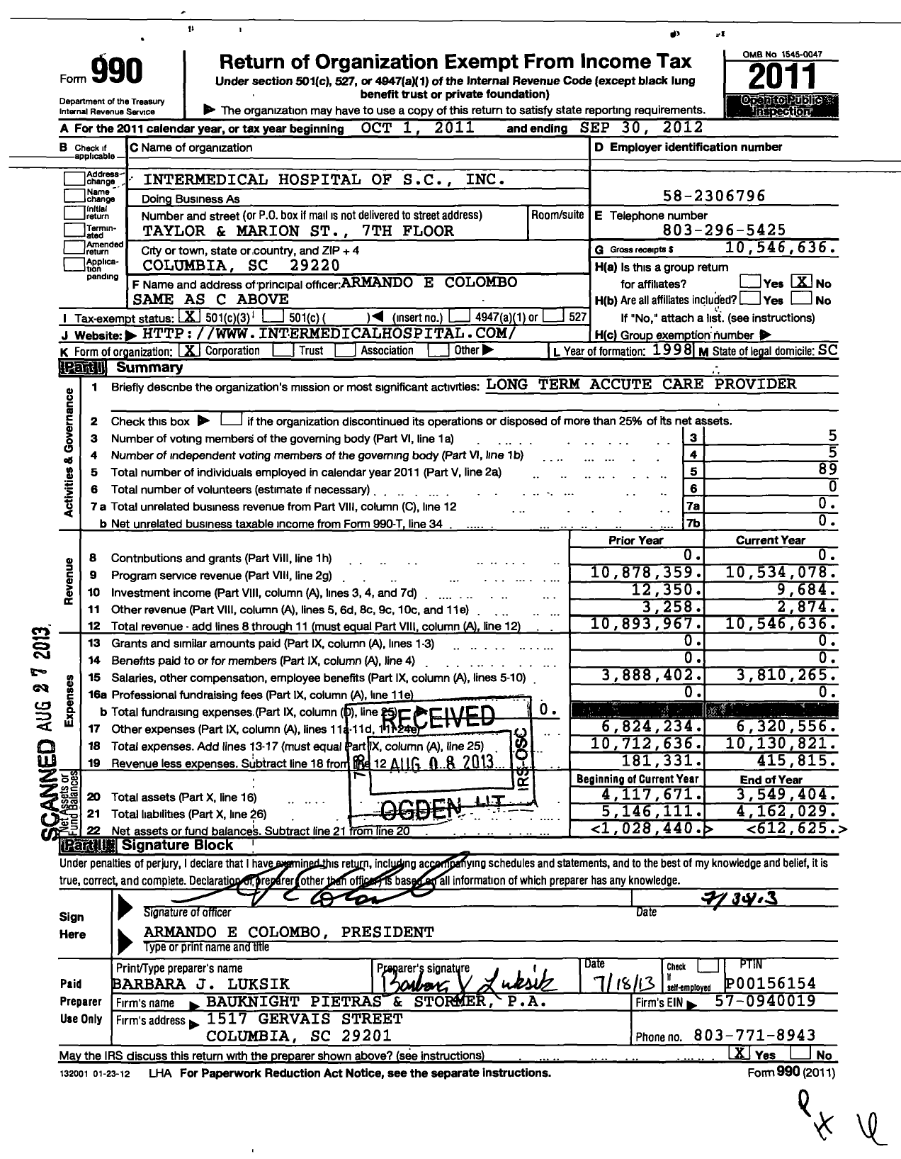 Image of first page of 2011 Form 990 for Intermedical Hospital of SC
