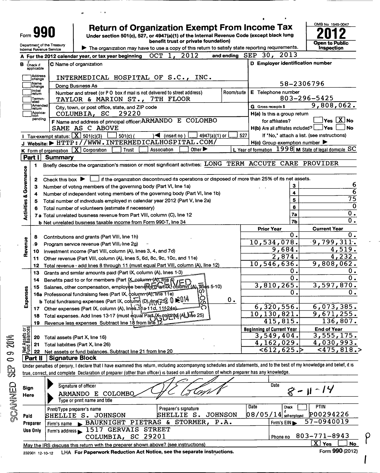 Image of first page of 2012 Form 990 for Intermedical Hospital of SC