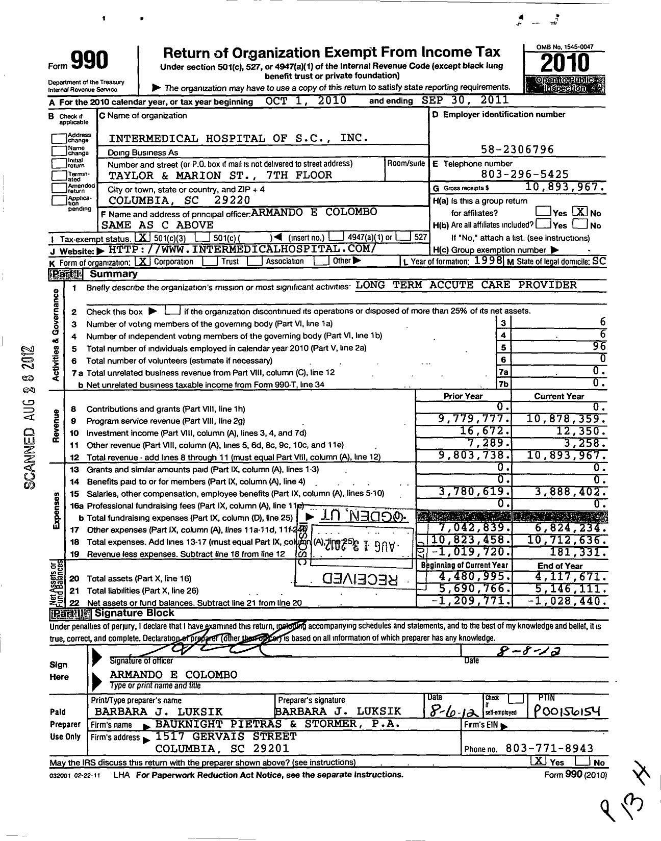 Image of first page of 2010 Form 990 for Intermedical Hospital of SC