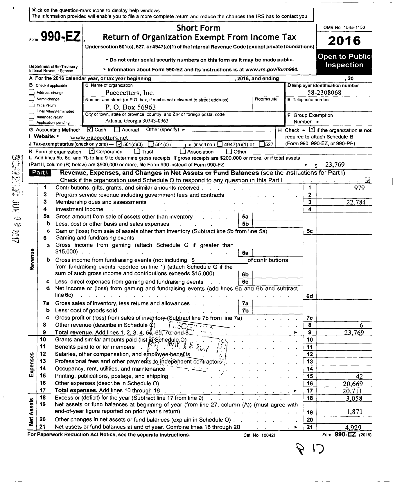 Image of first page of 2016 Form 990EZ for Pacecetters