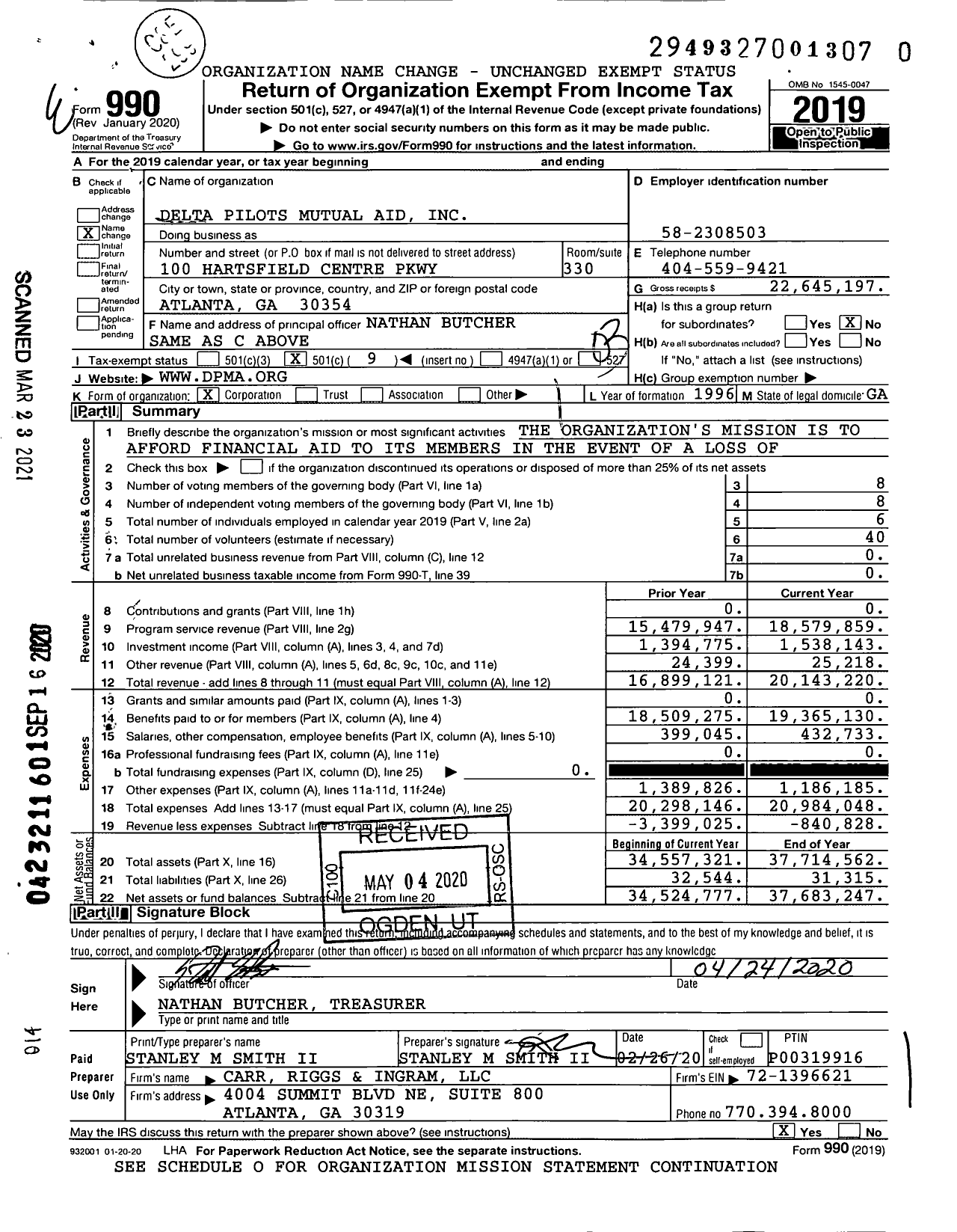 Image of first page of 2019 Form 990 for Delta Pilots Mutual Aid