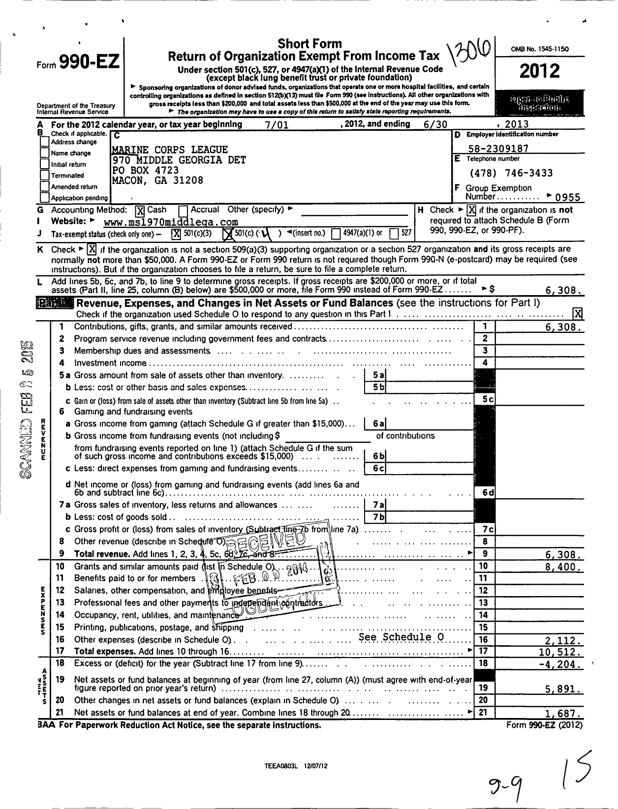 Image of first page of 2012 Form 990EO for Marine Corps League - 970 Middle Georgia Det