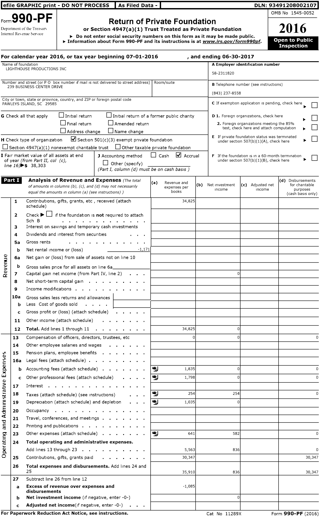 Image of first page of 2016 Form 990PF for Lighthouse Productions