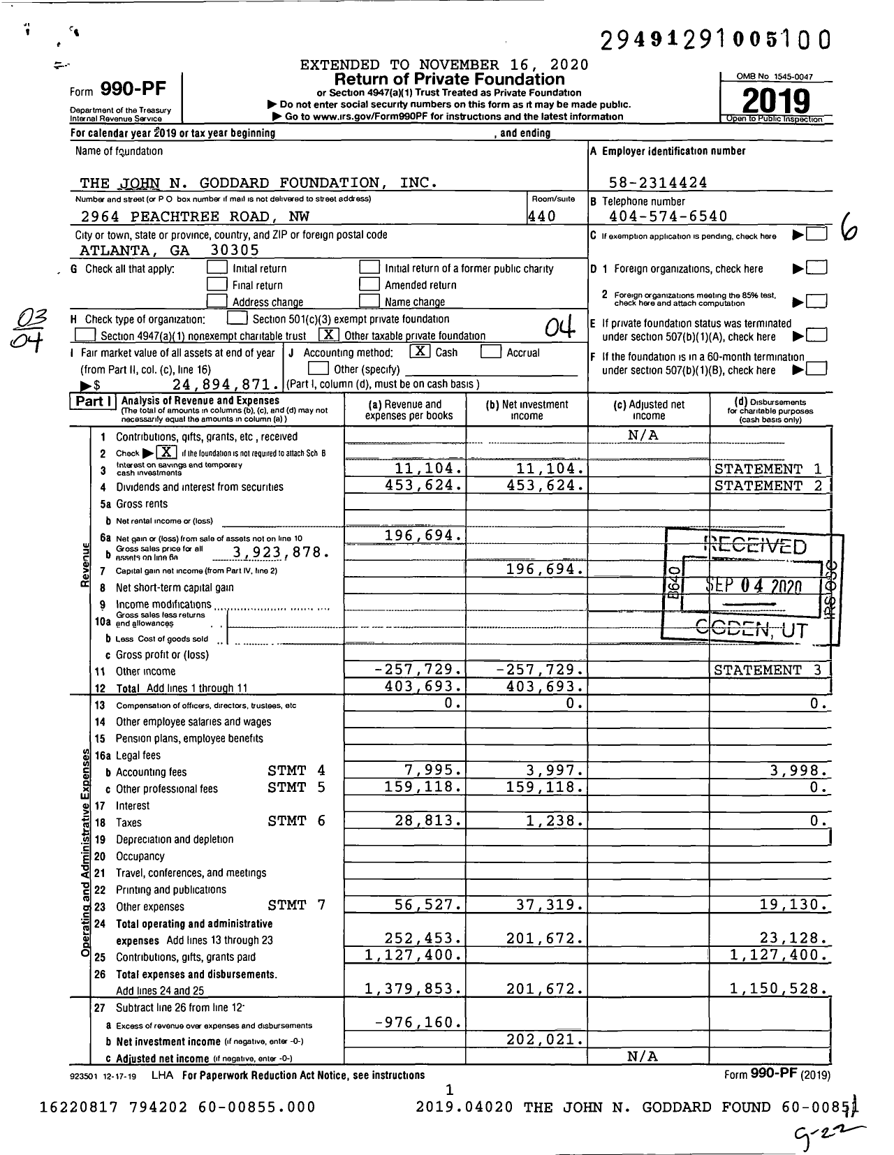 Image of first page of 2019 Form 990PF for The John N Goddard Foundation