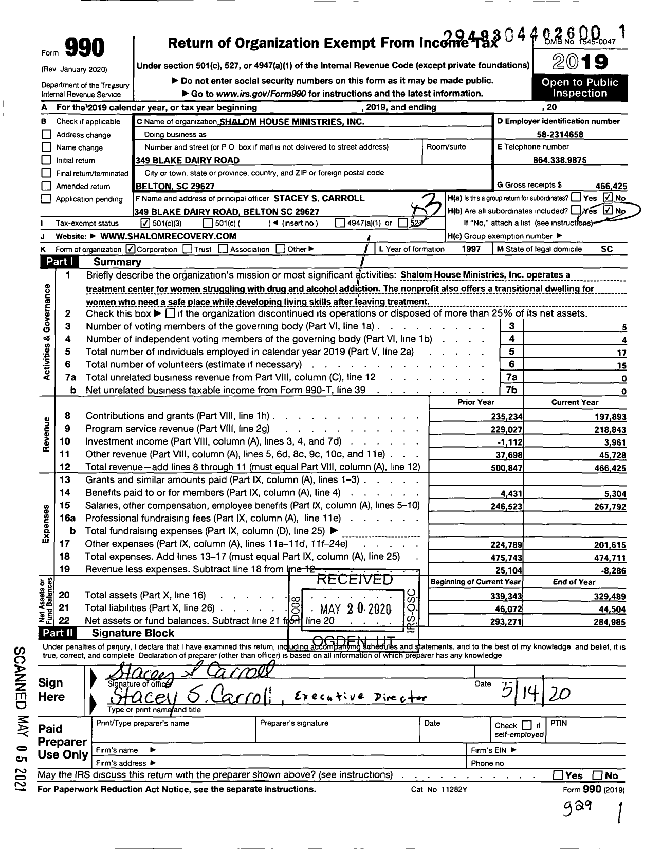 Image of first page of 2019 Form 990 for Shalom House Ministries