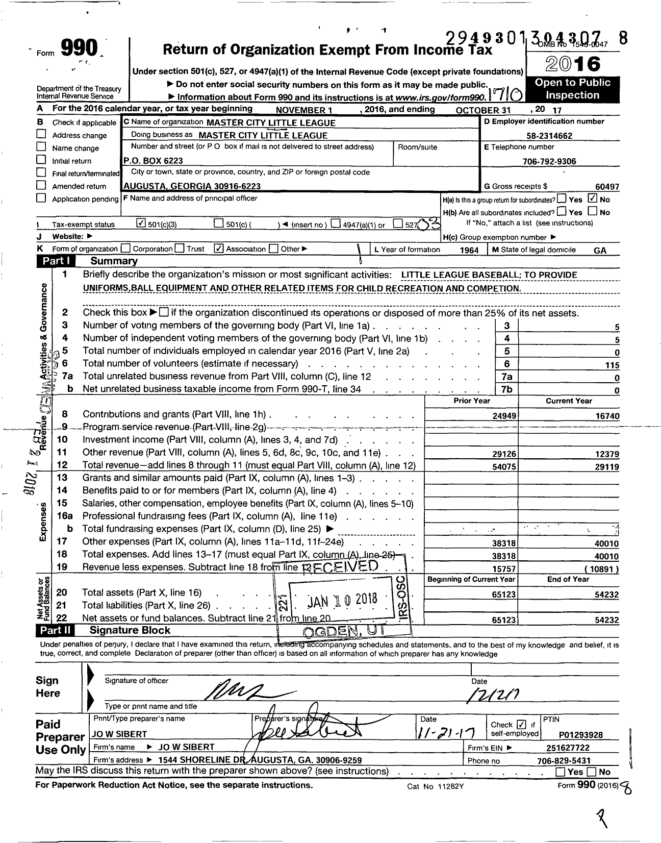Image of first page of 2016 Form 990 for Little League Baseball - 3100603 Masters City LL