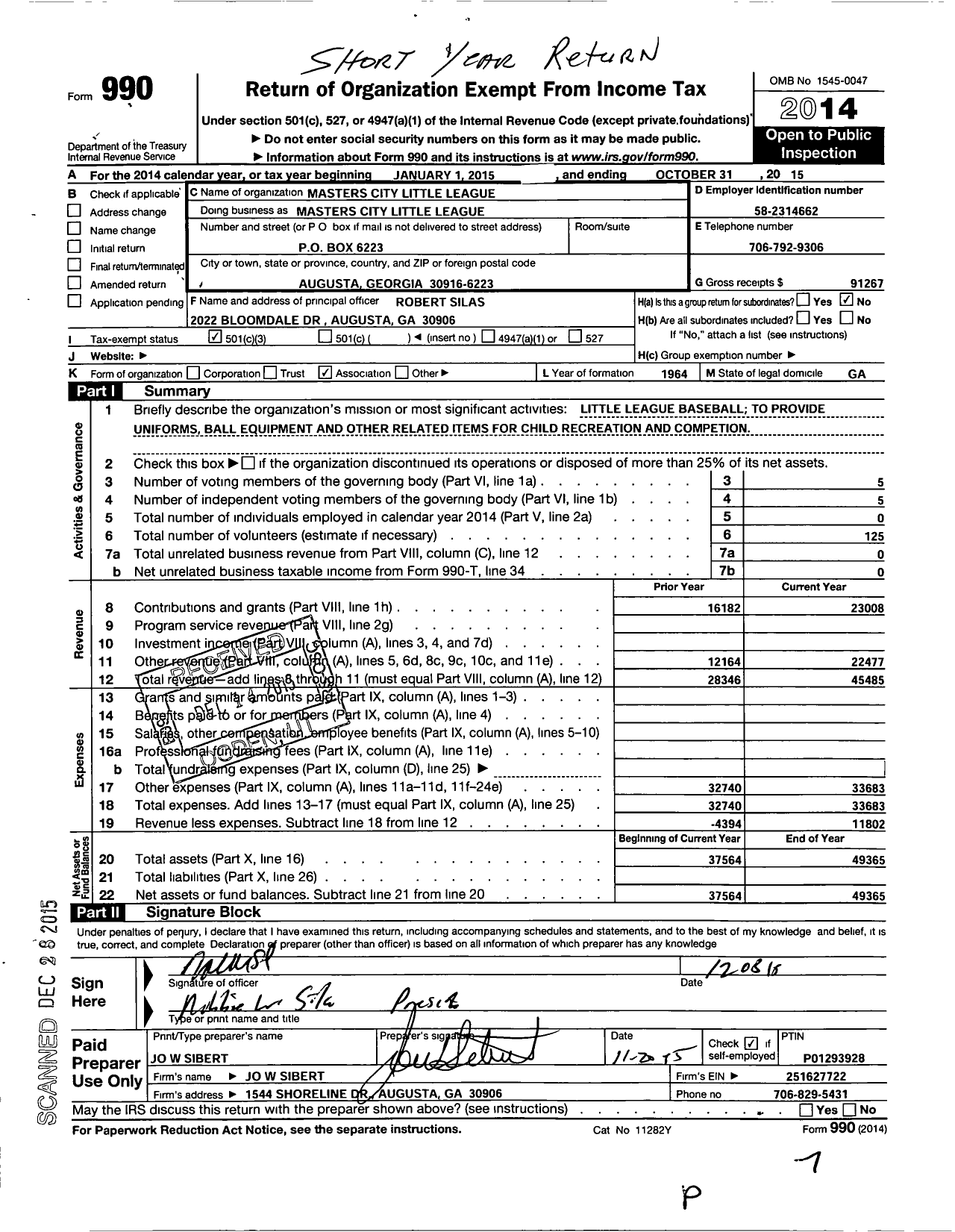 Image of first page of 2014 Form 990 for Little League Baseball - 3100603 Masters City LL