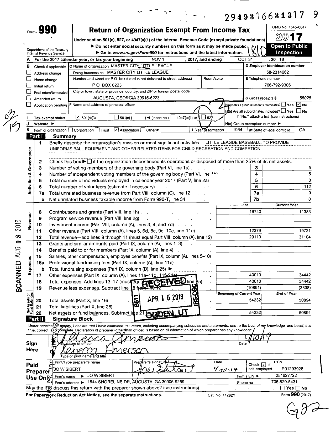 Image of first page of 2017 Form 990 for Little League Baseball - 3100603 Masters City LL