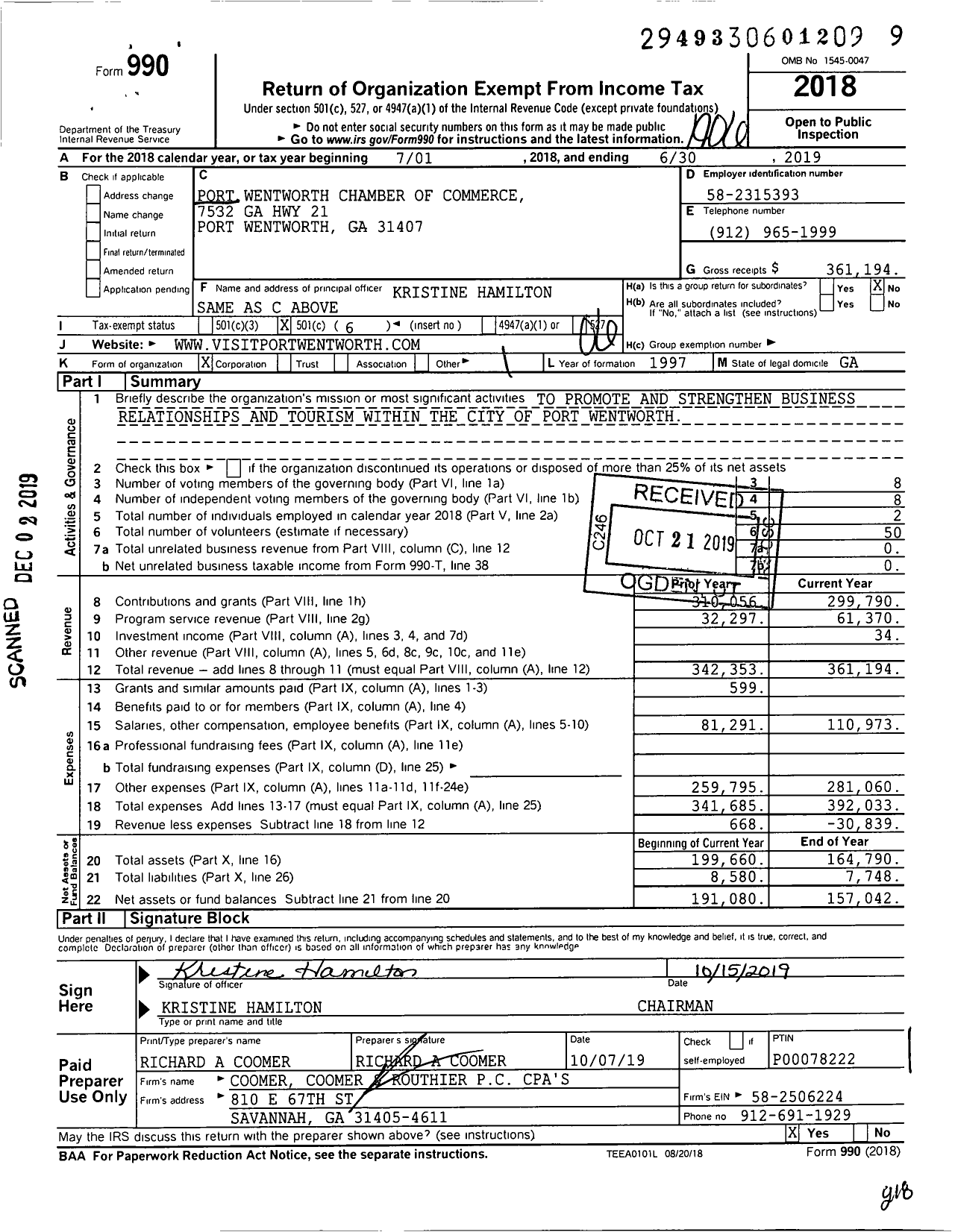 Image of first page of 2018 Form 990O for Port Wentworth Chamber of Commerce