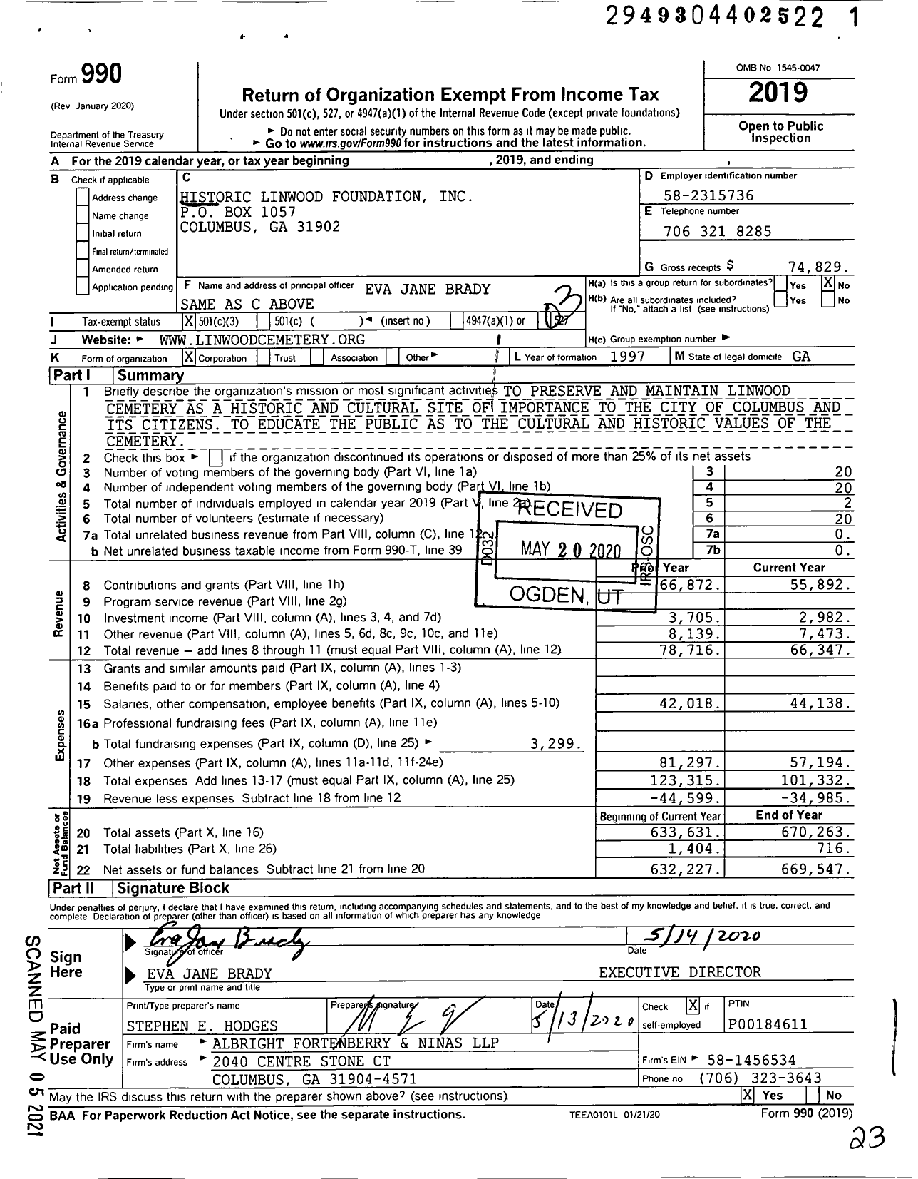 Image of first page of 2019 Form 990 for Historic Linwood Foundation