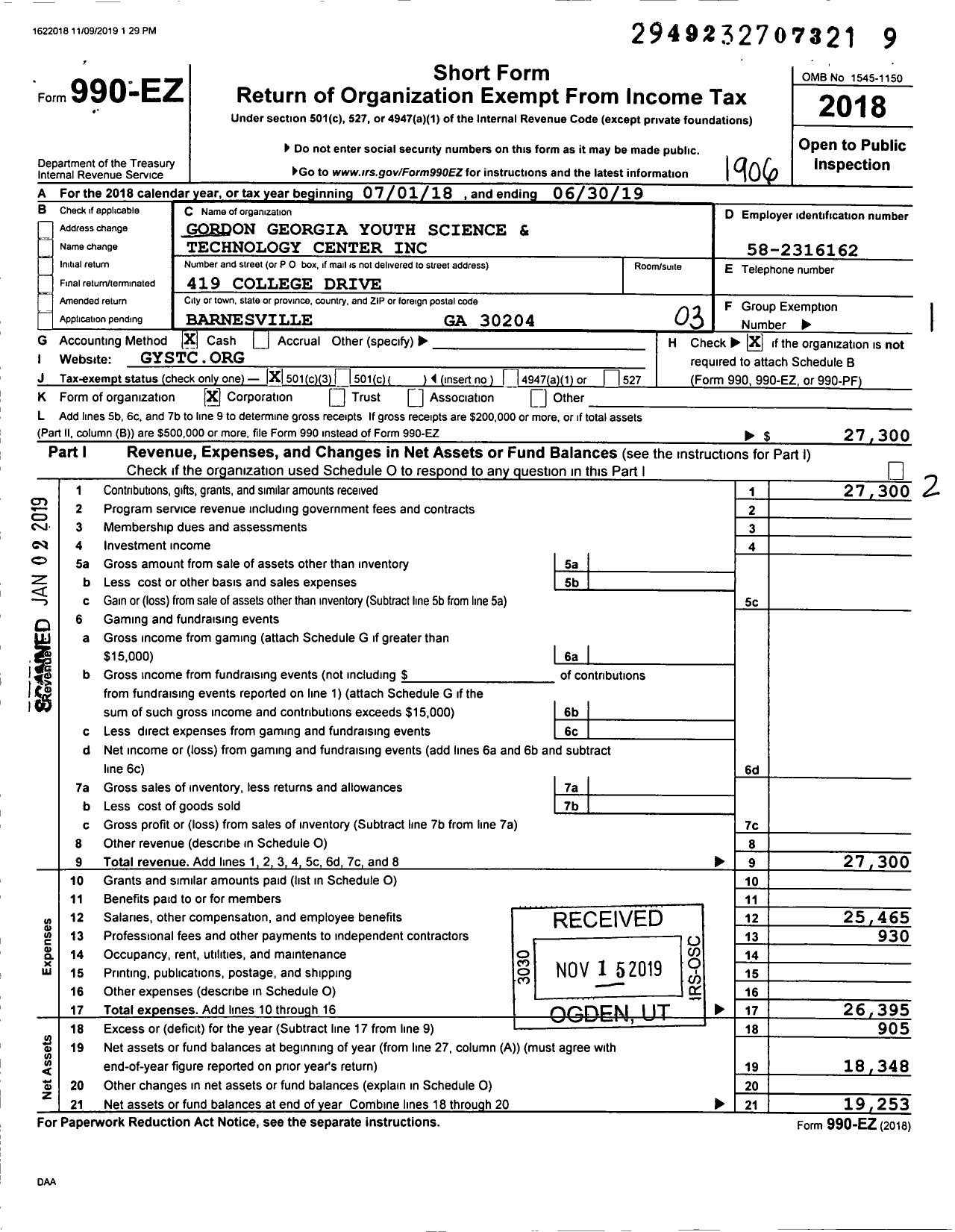 Image of first page of 2018 Form 990EZ for Gordon Georgia Youth Science and Technology Center