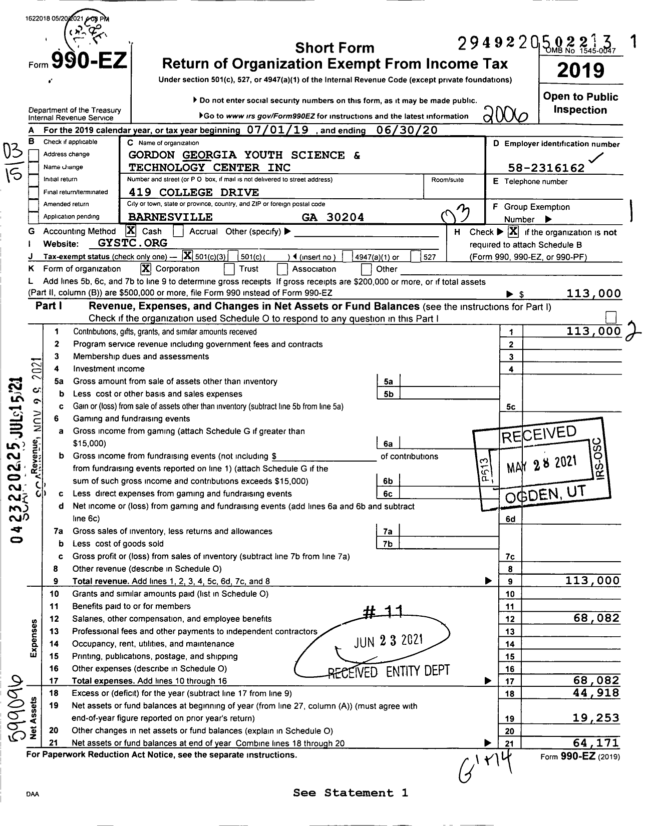 Image of first page of 2019 Form 990EZ for Gordon Georgia Youth Science and Technology Center