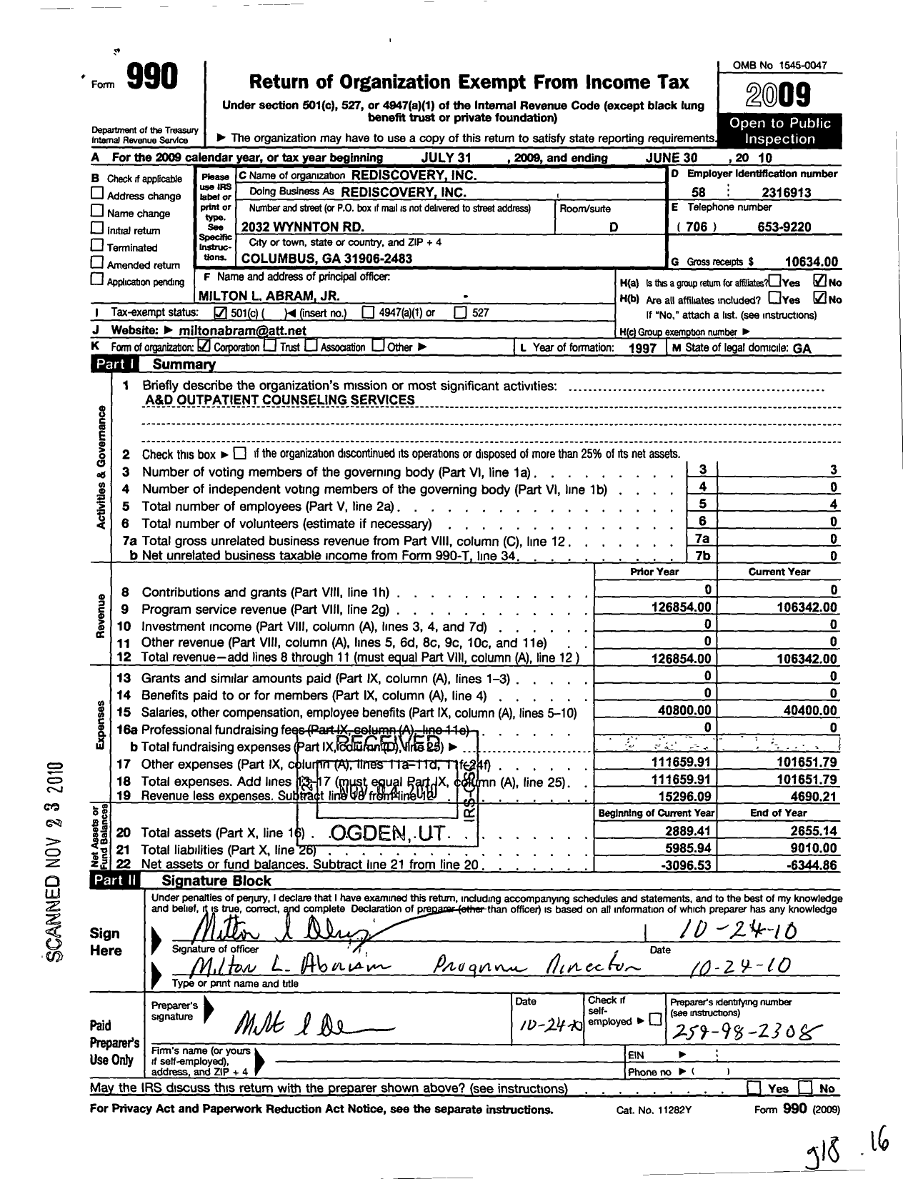 Image of first page of 2009 Form 990O for Rediscovery