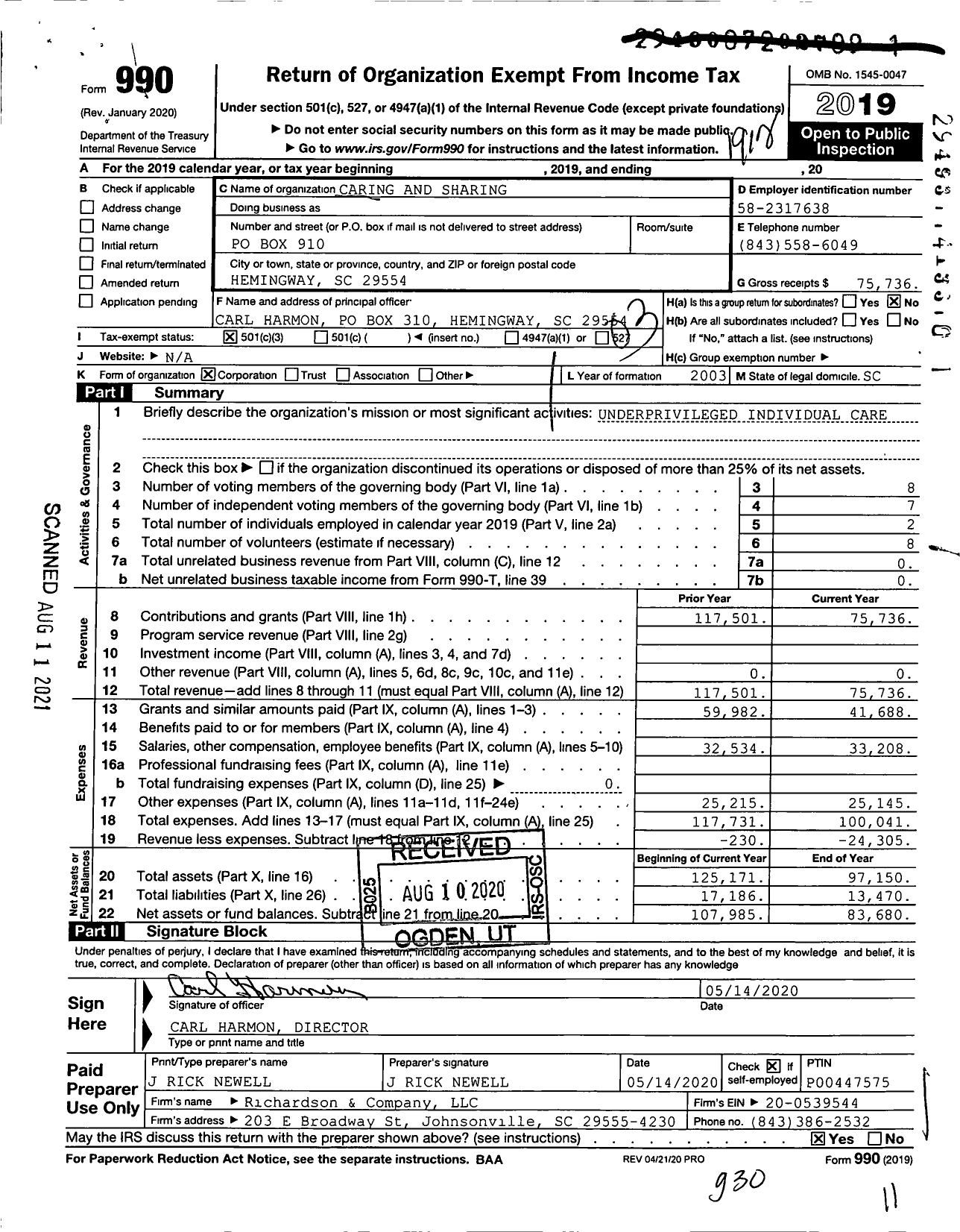 Image of first page of 2019 Form 990 for Caring and Sharing